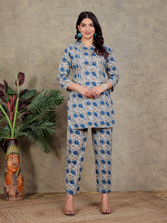 Soft Cotton Floral Straight Beige Kurta