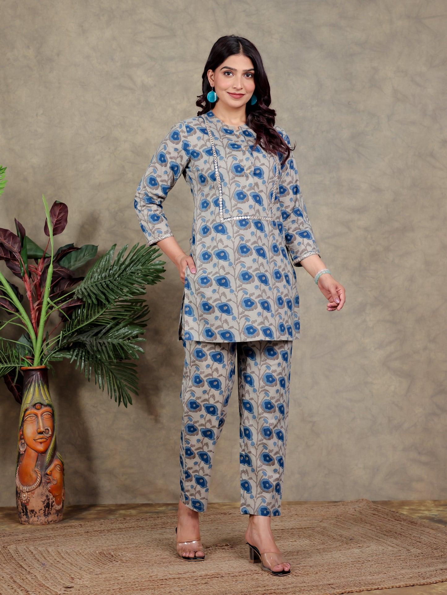 Soft Cotton Floral Straight Beige Kurta