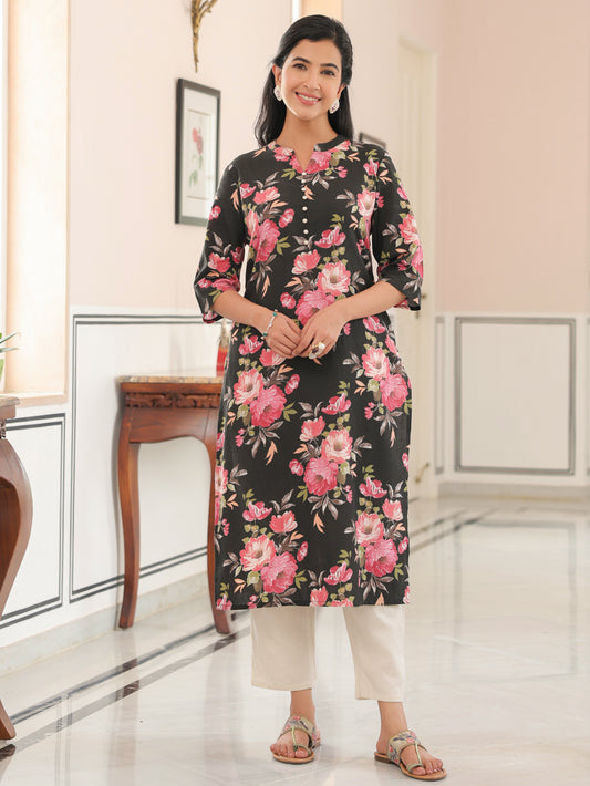 Linen Cotton Floral Straight Black Kurta