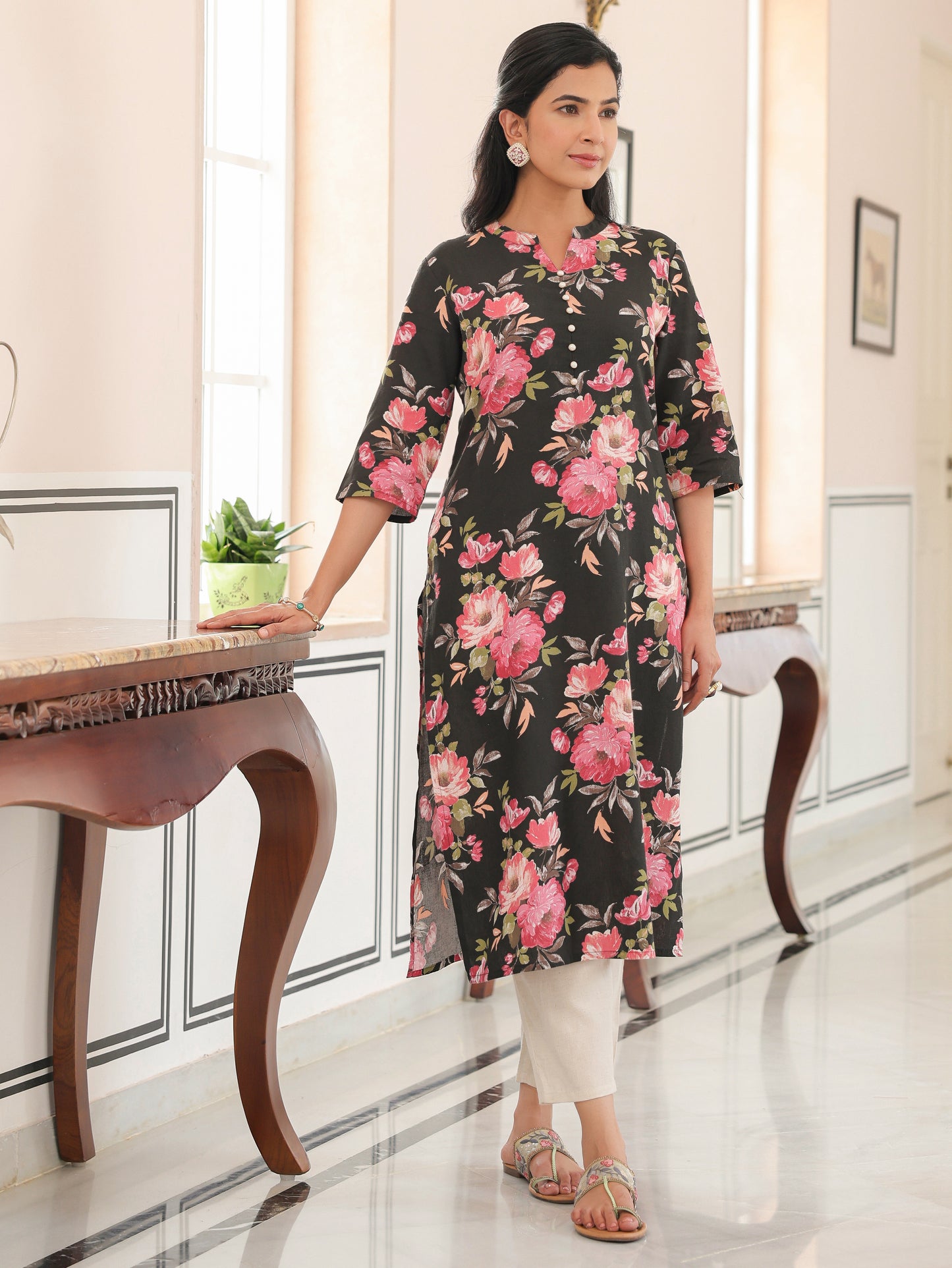 Linen Cotton Floral Kurta