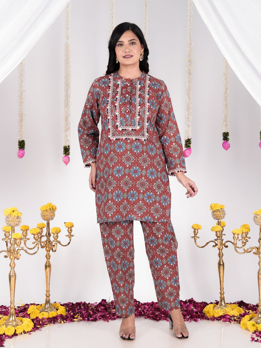 Soft Cotton Floral Straight Red Kurta