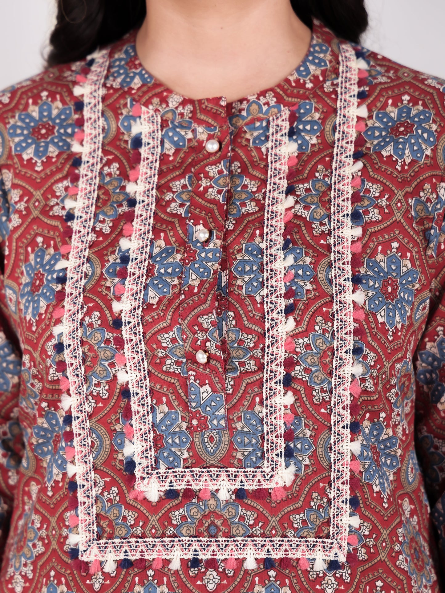 Soft Cotton Floral Straight Red Kurta
