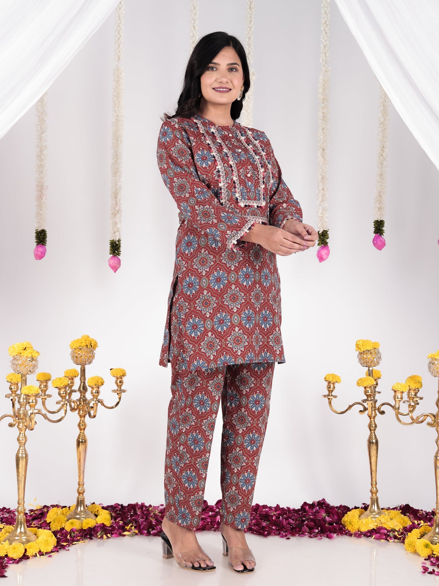 Soft Cotton Floral Straight Red Kurta