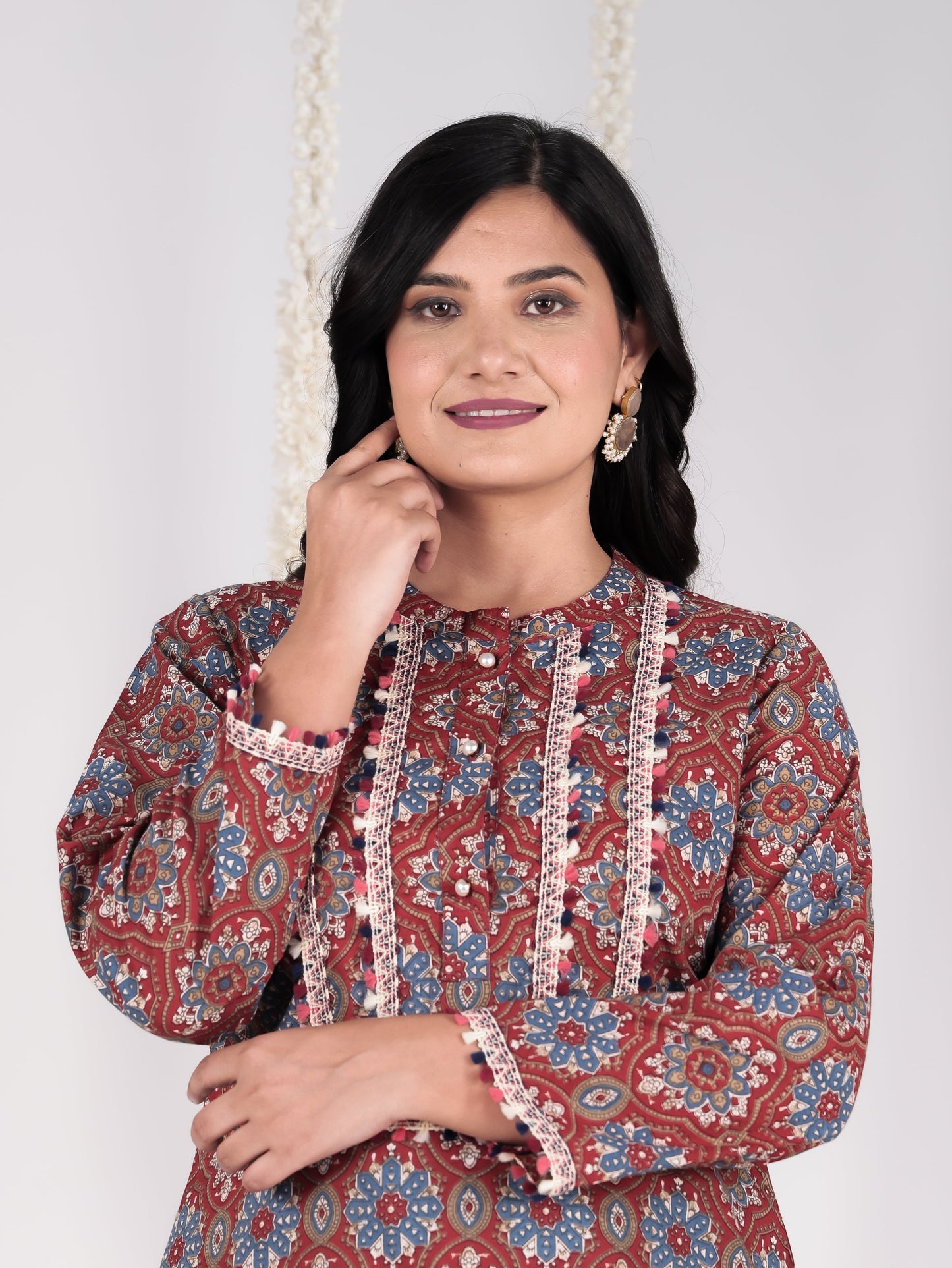 Soft Cotton Floral Straight Red Kurta