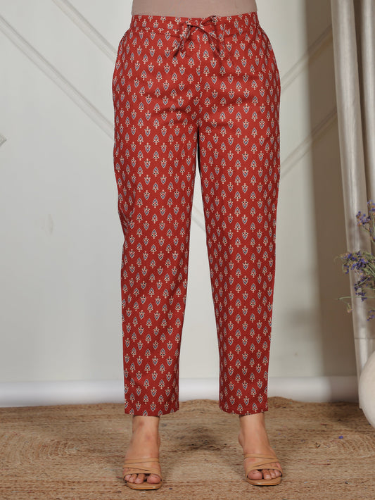 Soft Cotton Butti Red Tapered Trousers