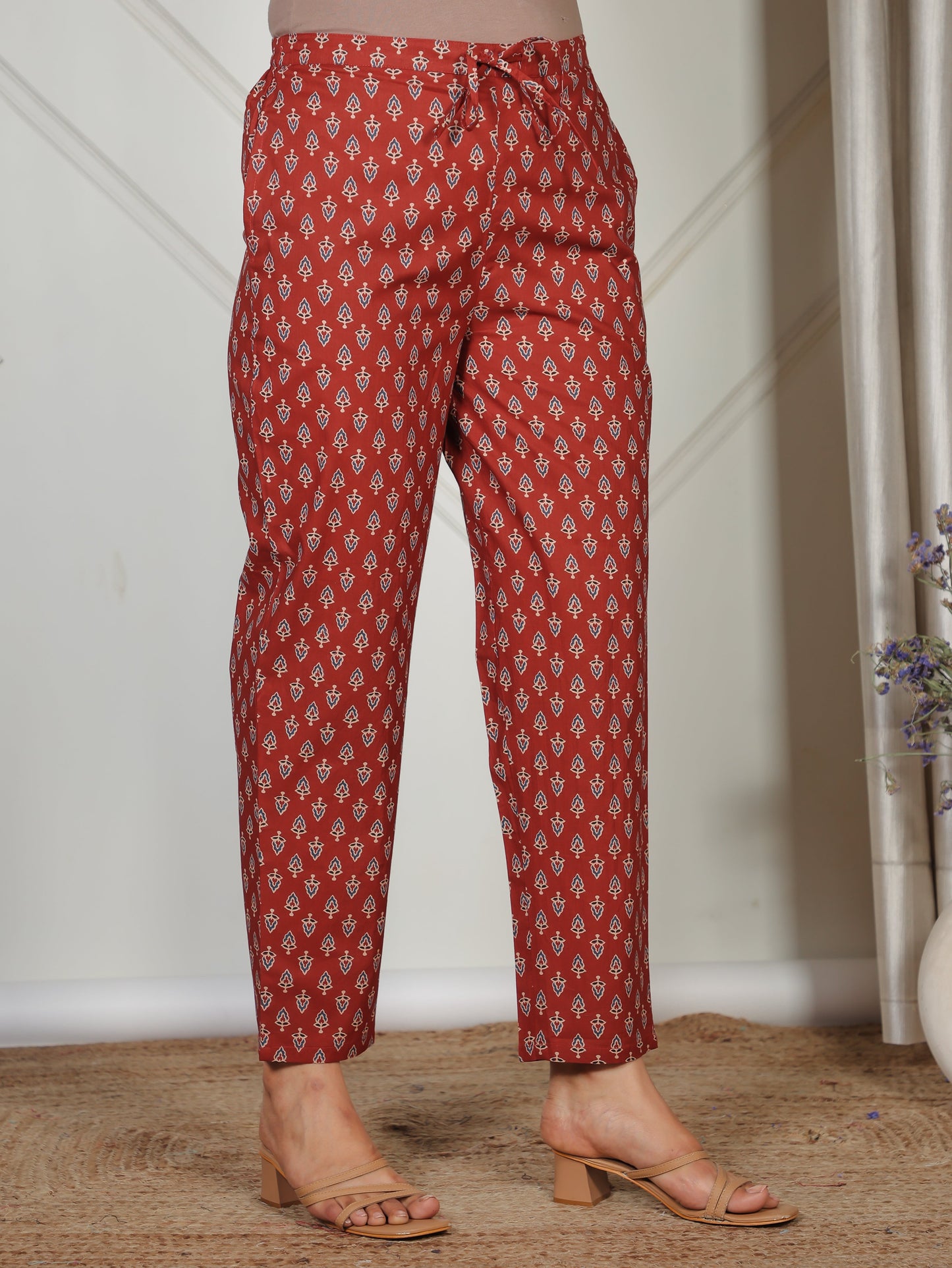 Soft Cotton Butti Red Tapered Trousers