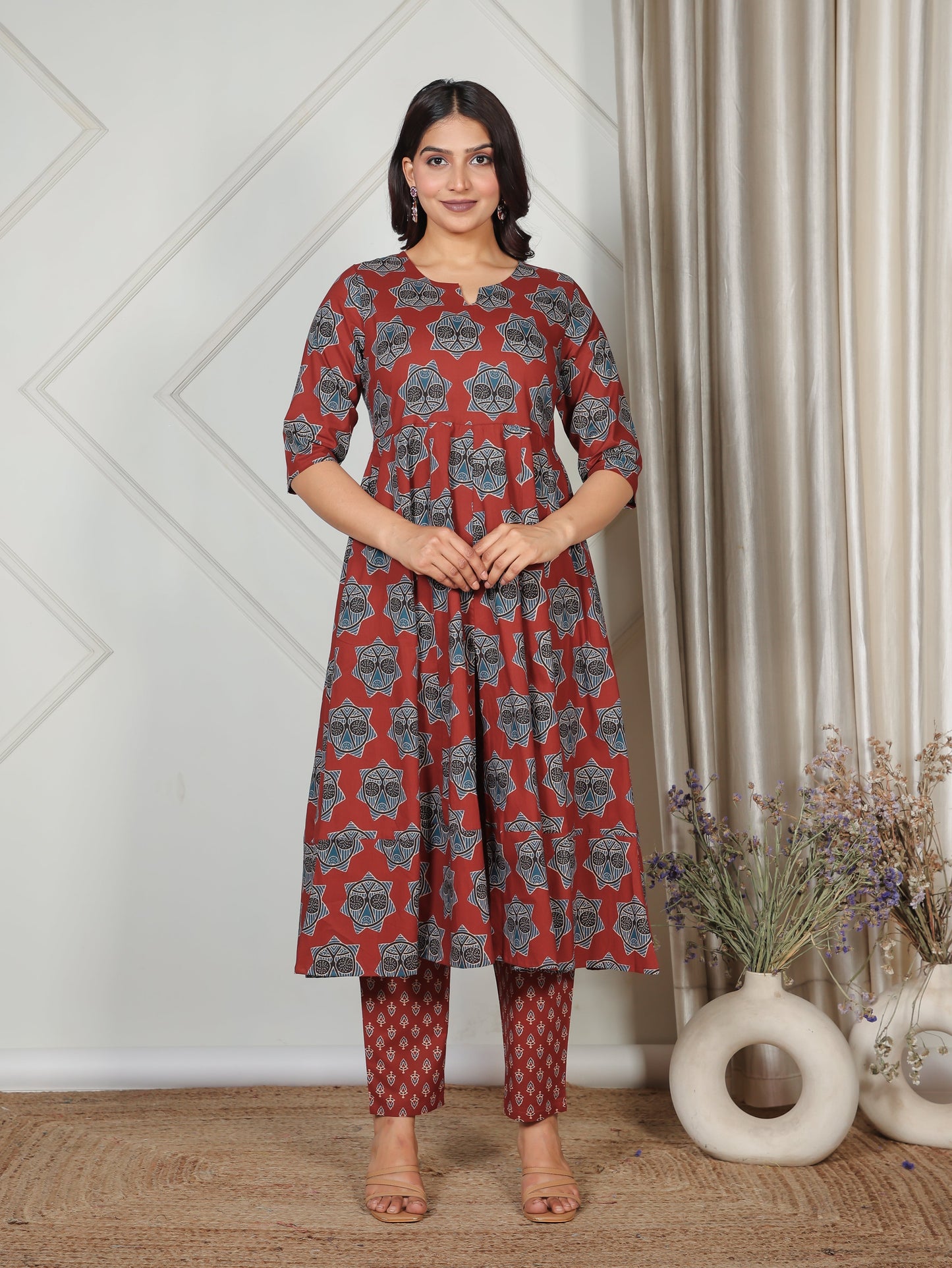 Soft Cotton Geometric Anarkali Red Kurta