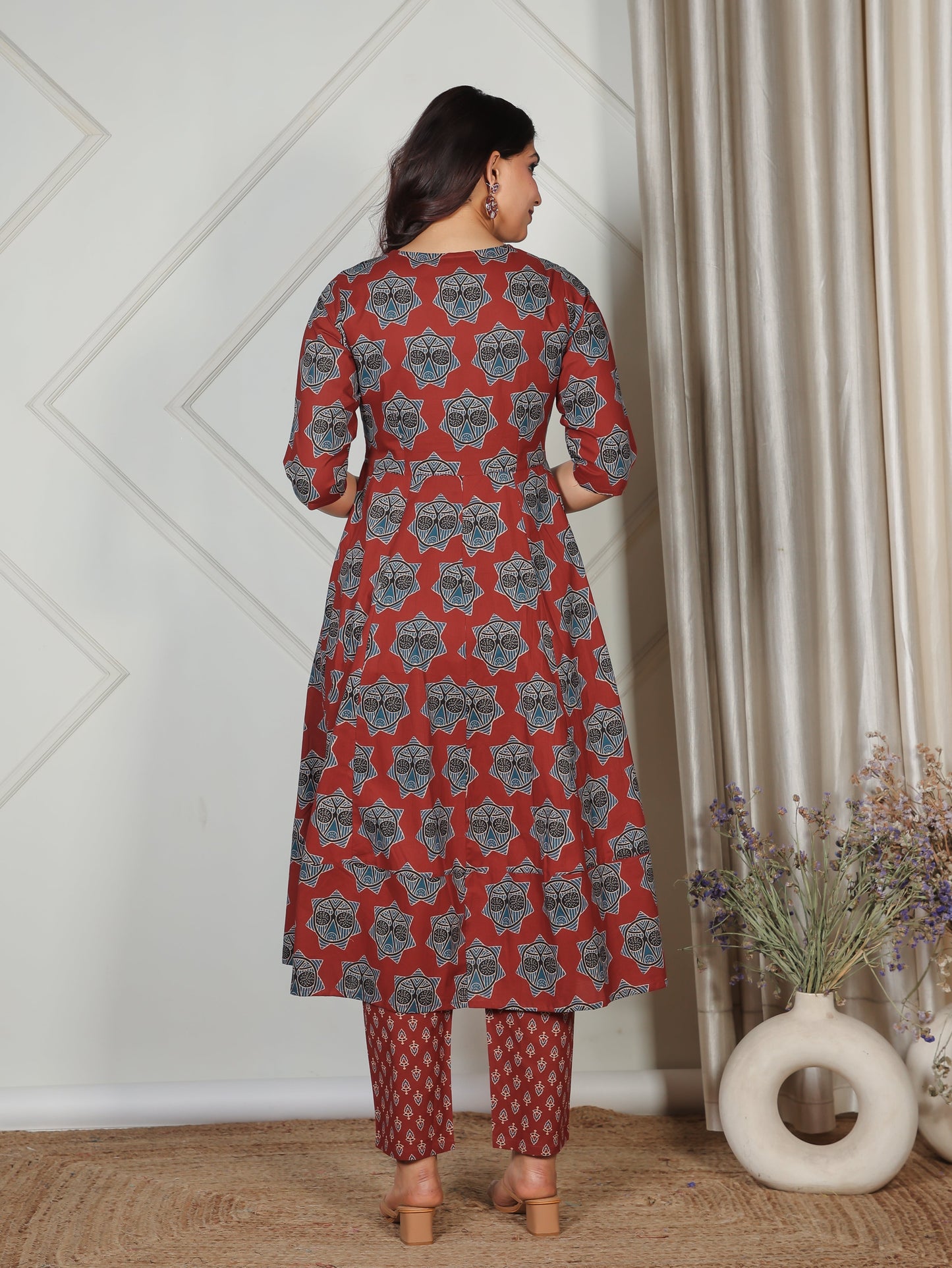 Soft Cotton Geometric Anarkali Red Kurta