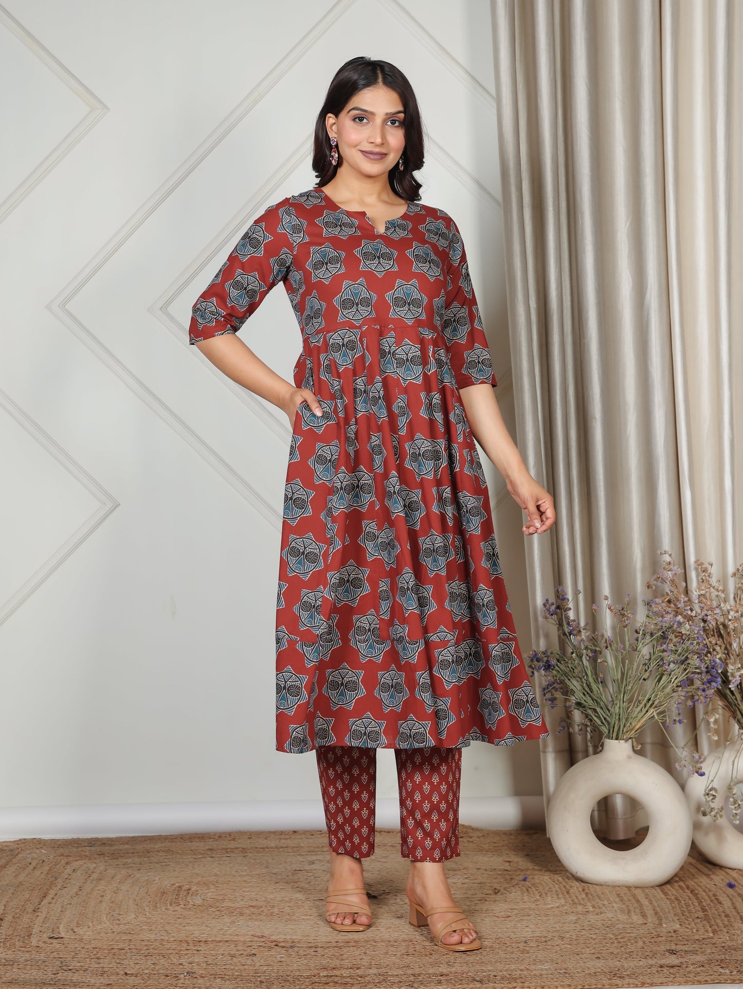 Soft Cotton Geometric Anarkali Red Kurta