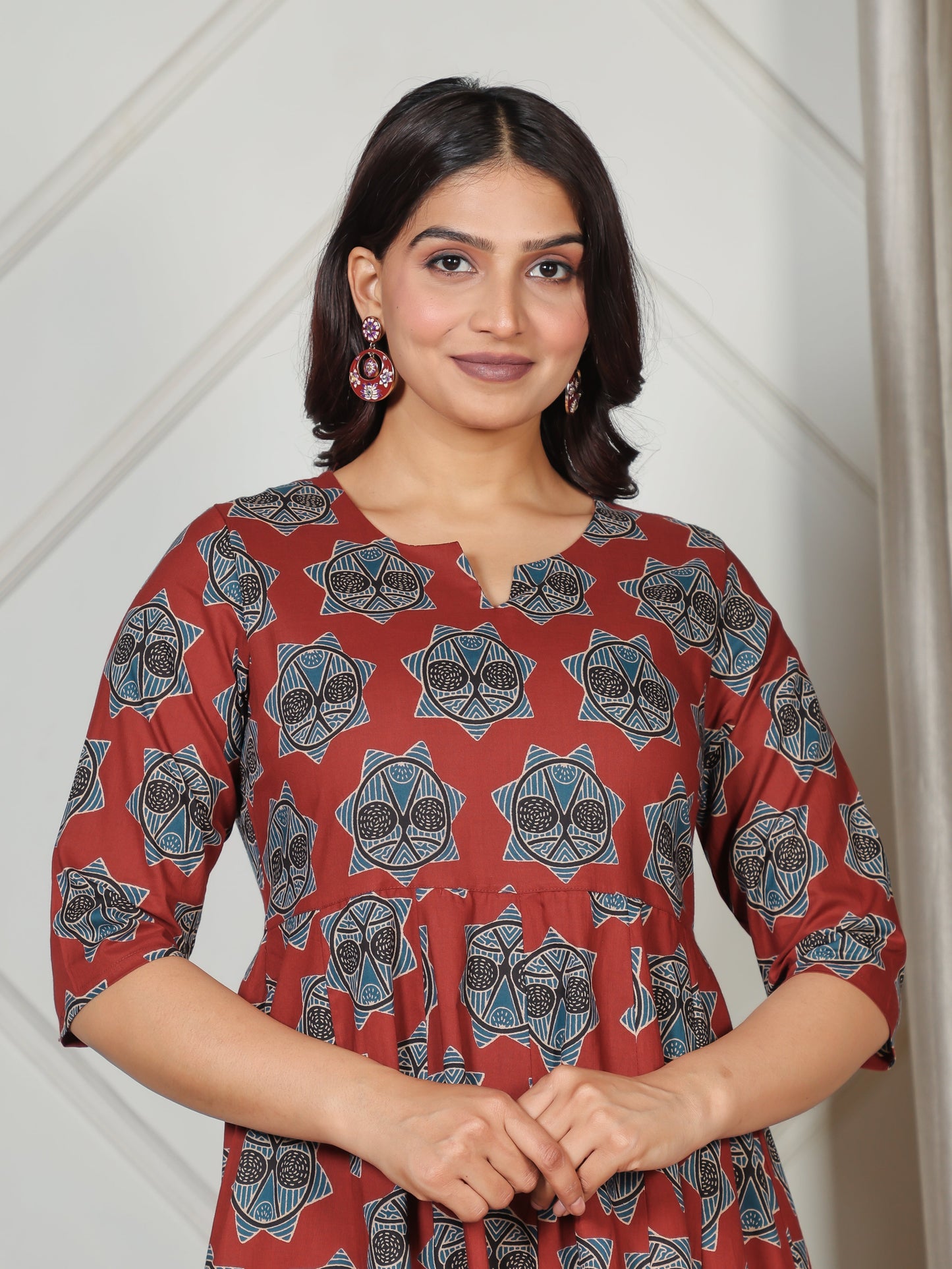 Soft Cotton Geometric Anarkali Red Kurta