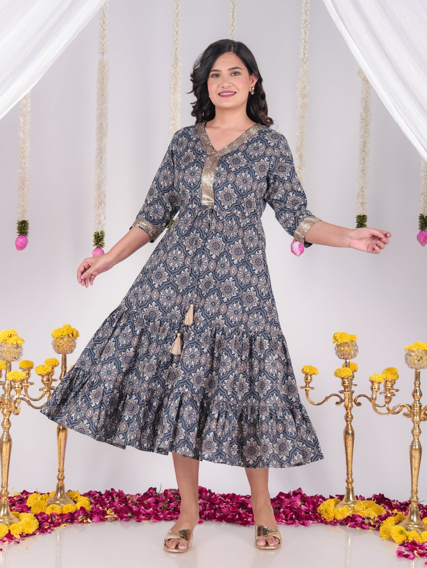 Embroidered Soft Cotton Geometric A-line Blue Dress