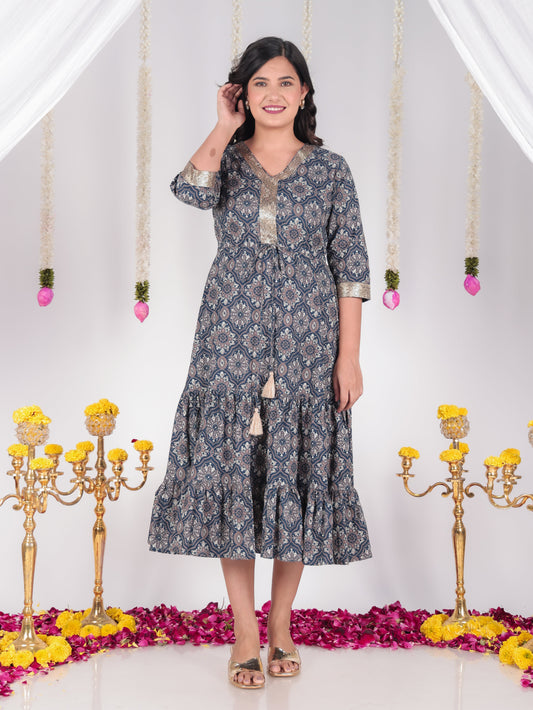 Embroidered Soft Cotton Geometric A-line Blue Dress