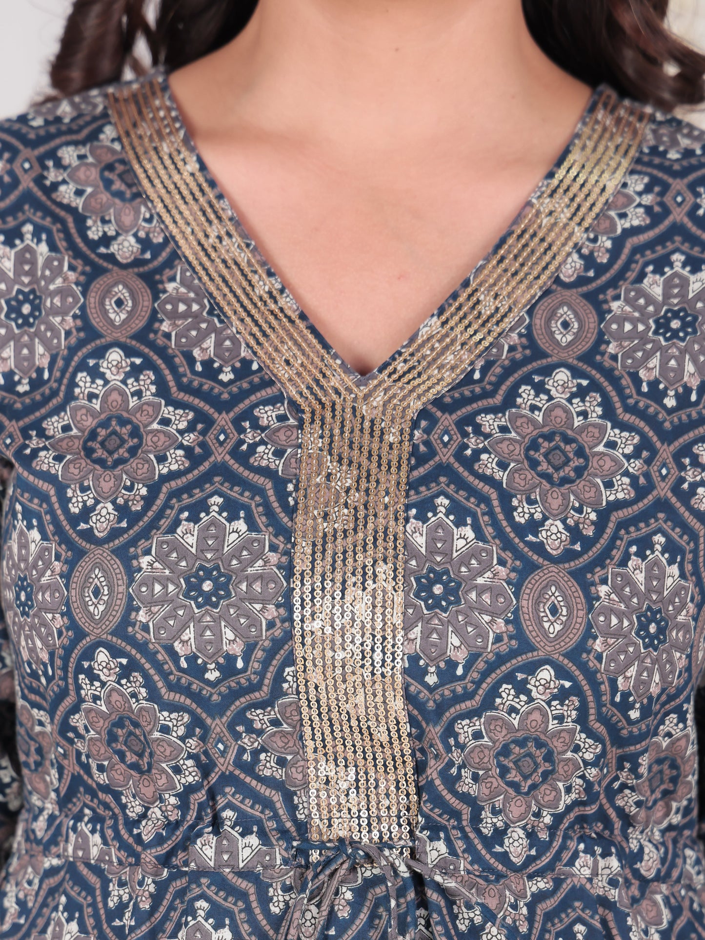 Embroidered Soft Cotton Geometric A-line Blue Dress