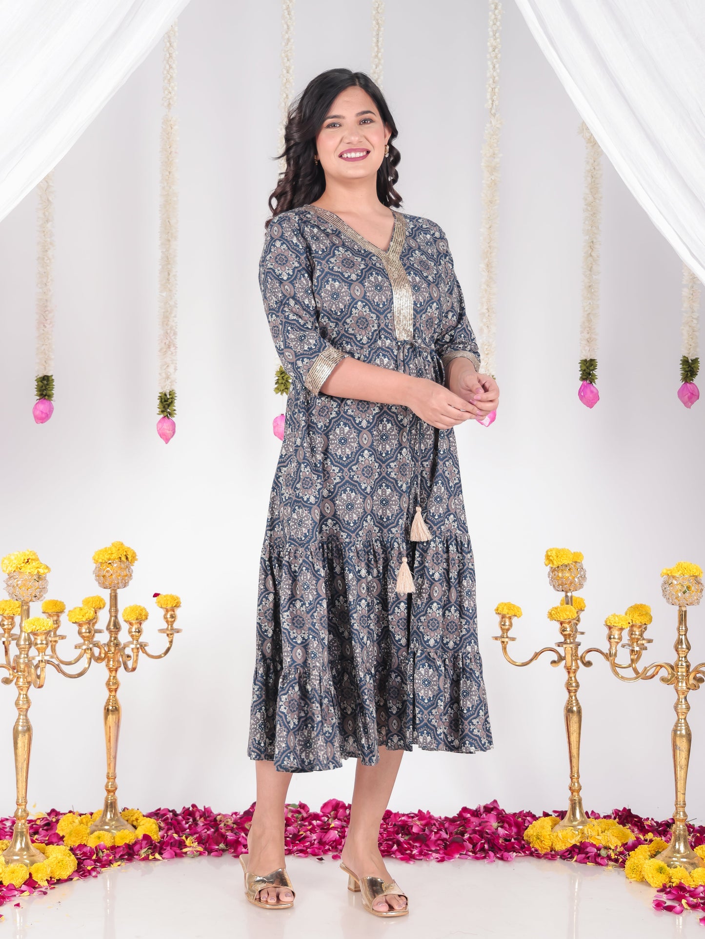 Embroidered Soft Cotton Geometric A-line Blue Dress