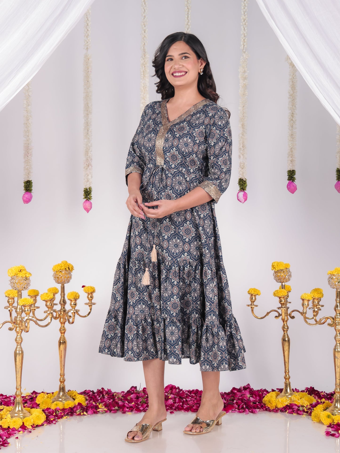 Embroidered Soft Cotton Geometric A-line Blue Dress
