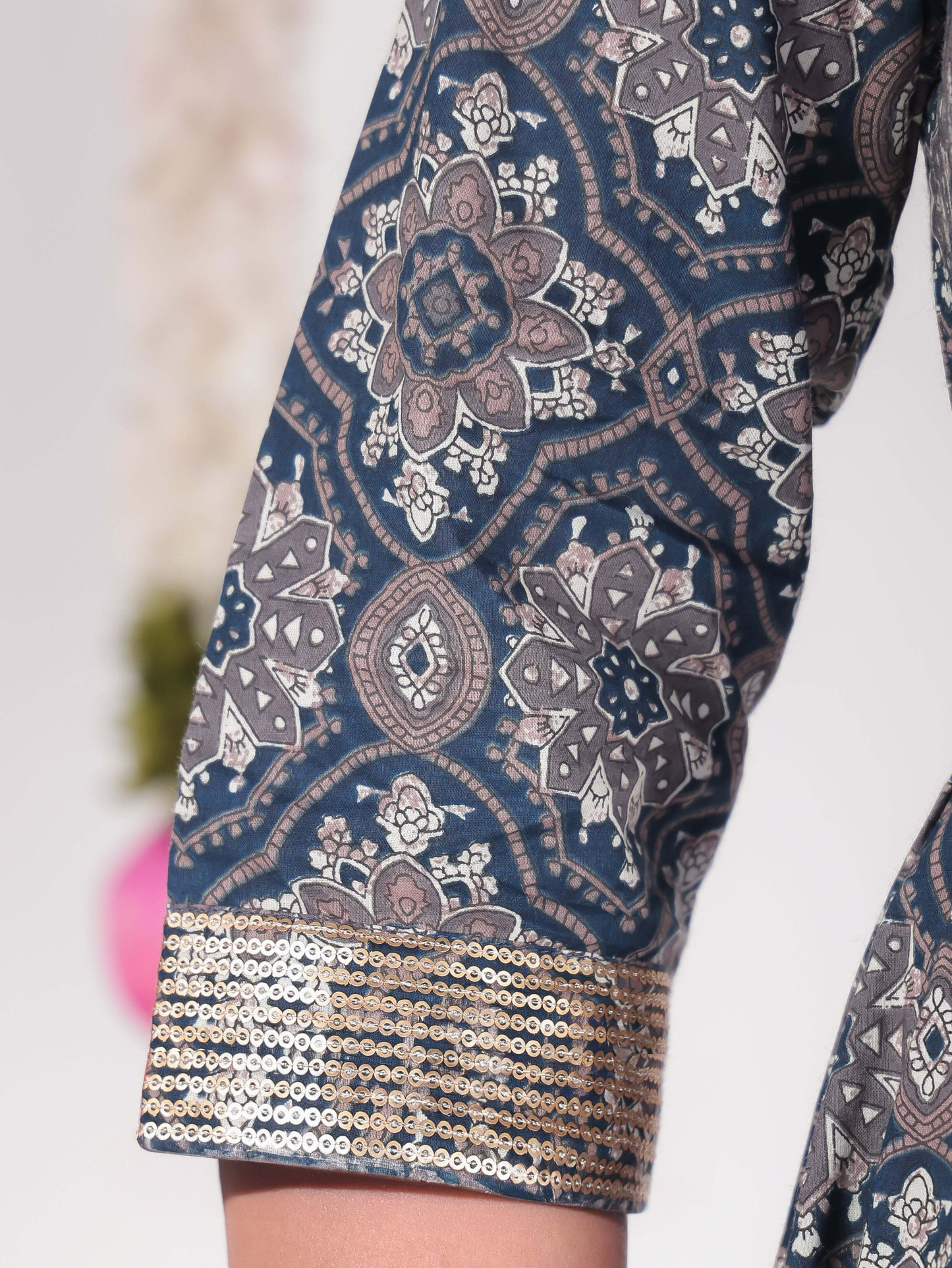 Embroidered Soft Cotton Geometric A-line Blue Dress