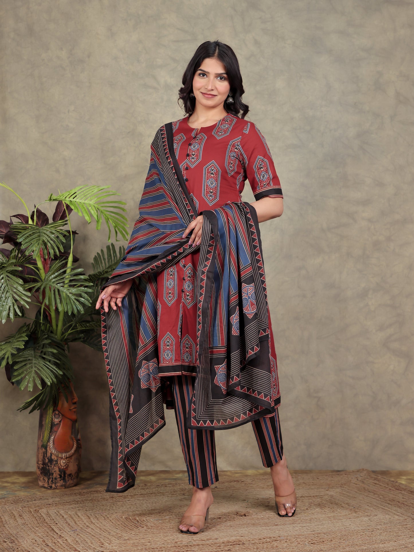 Soft Cotton Ajrakh High Low Red Kurta