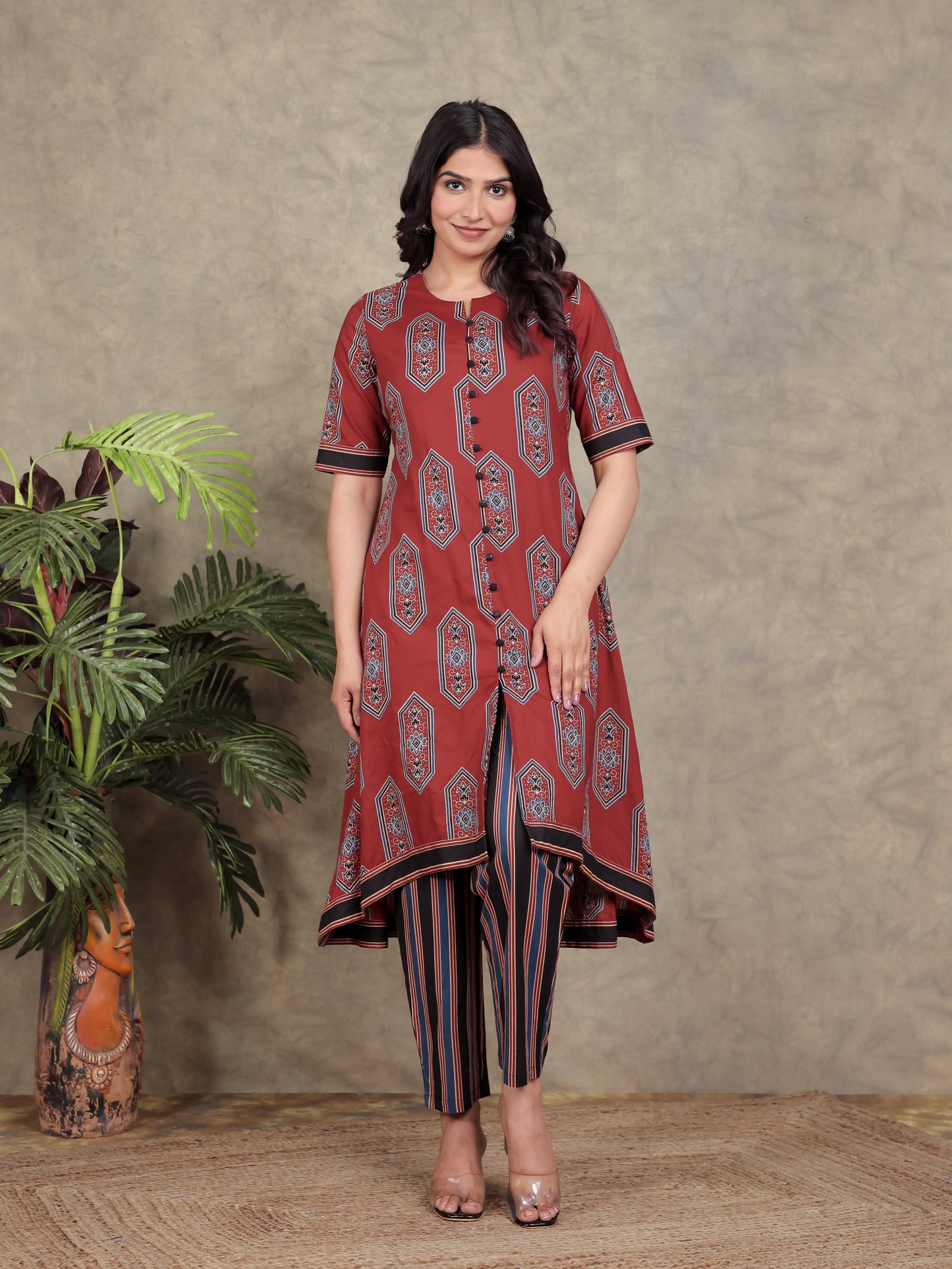 Soft Cotton Ajrakh High Low Red Kurta
