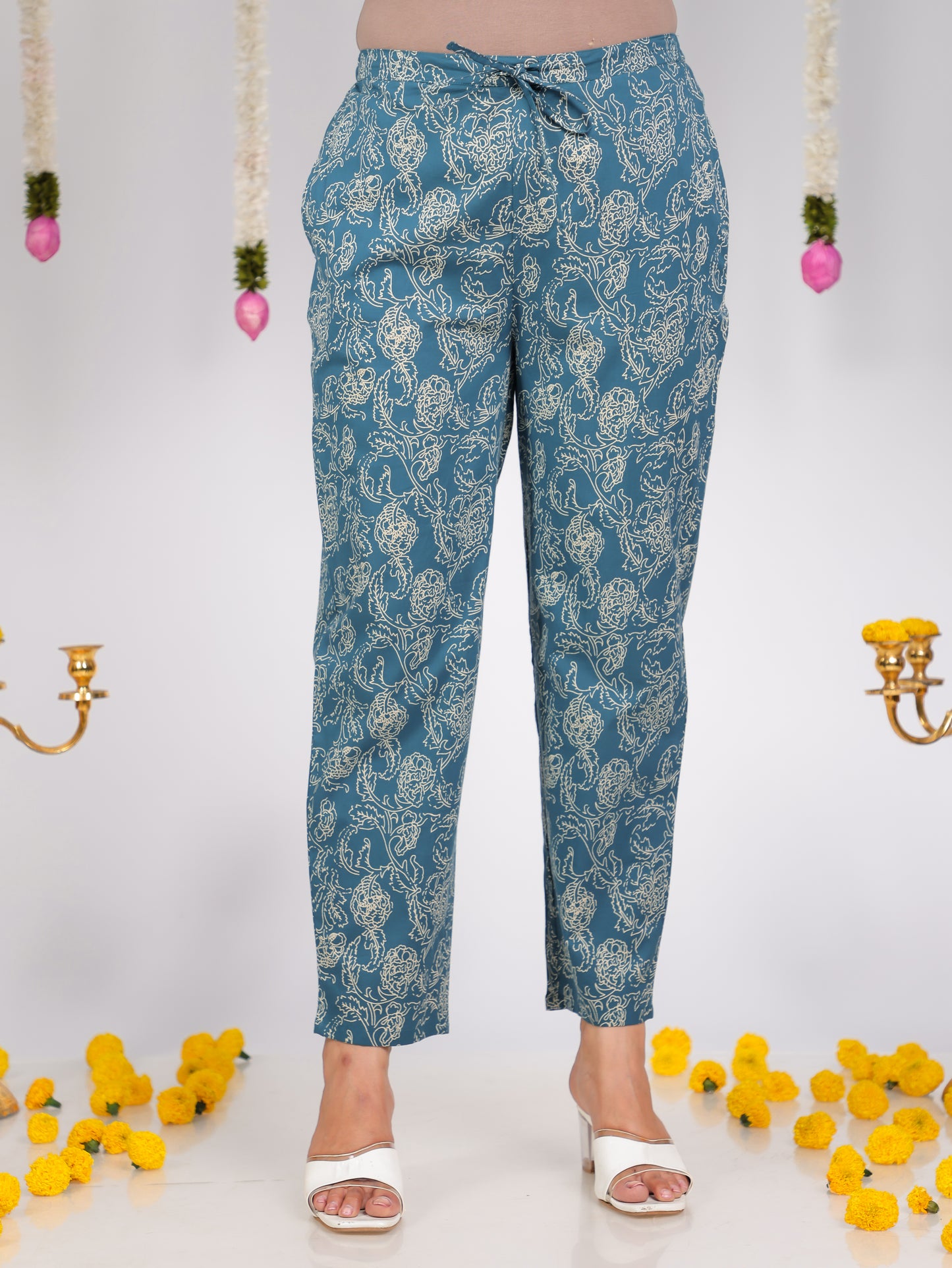 Soft Cotton Floral Blue Tapered Trousers