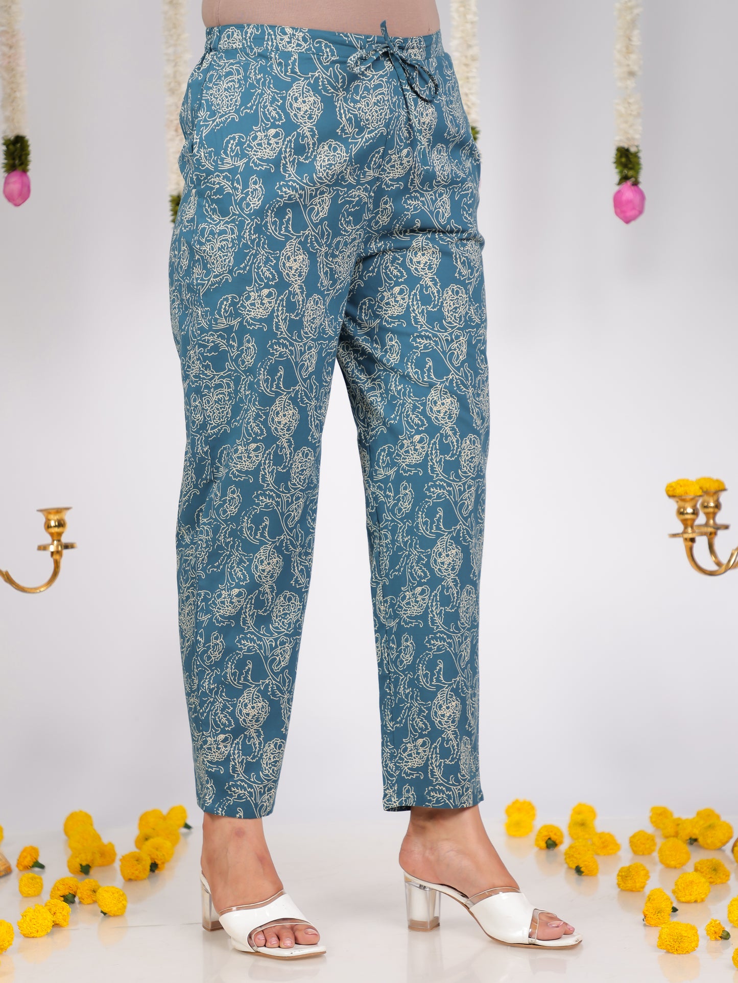 Soft Cotton Floral Blue Tapered Trousers