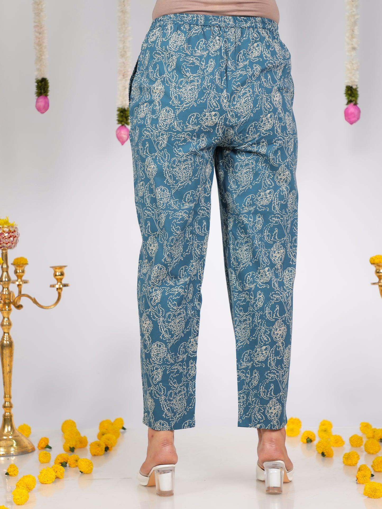 Soft Cotton Floral Blue Tapered Trousers