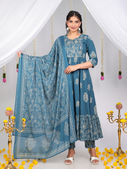 Cotton Voile Floral Blue Dupatta