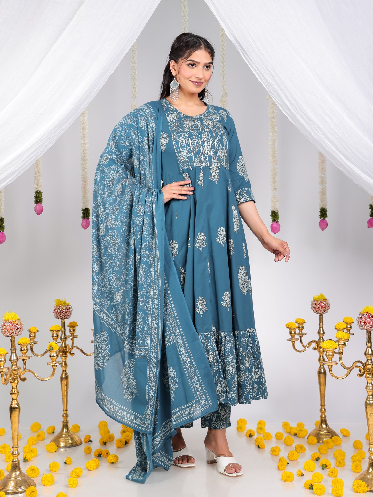 Cotton Voile Floral Blue Dupatta