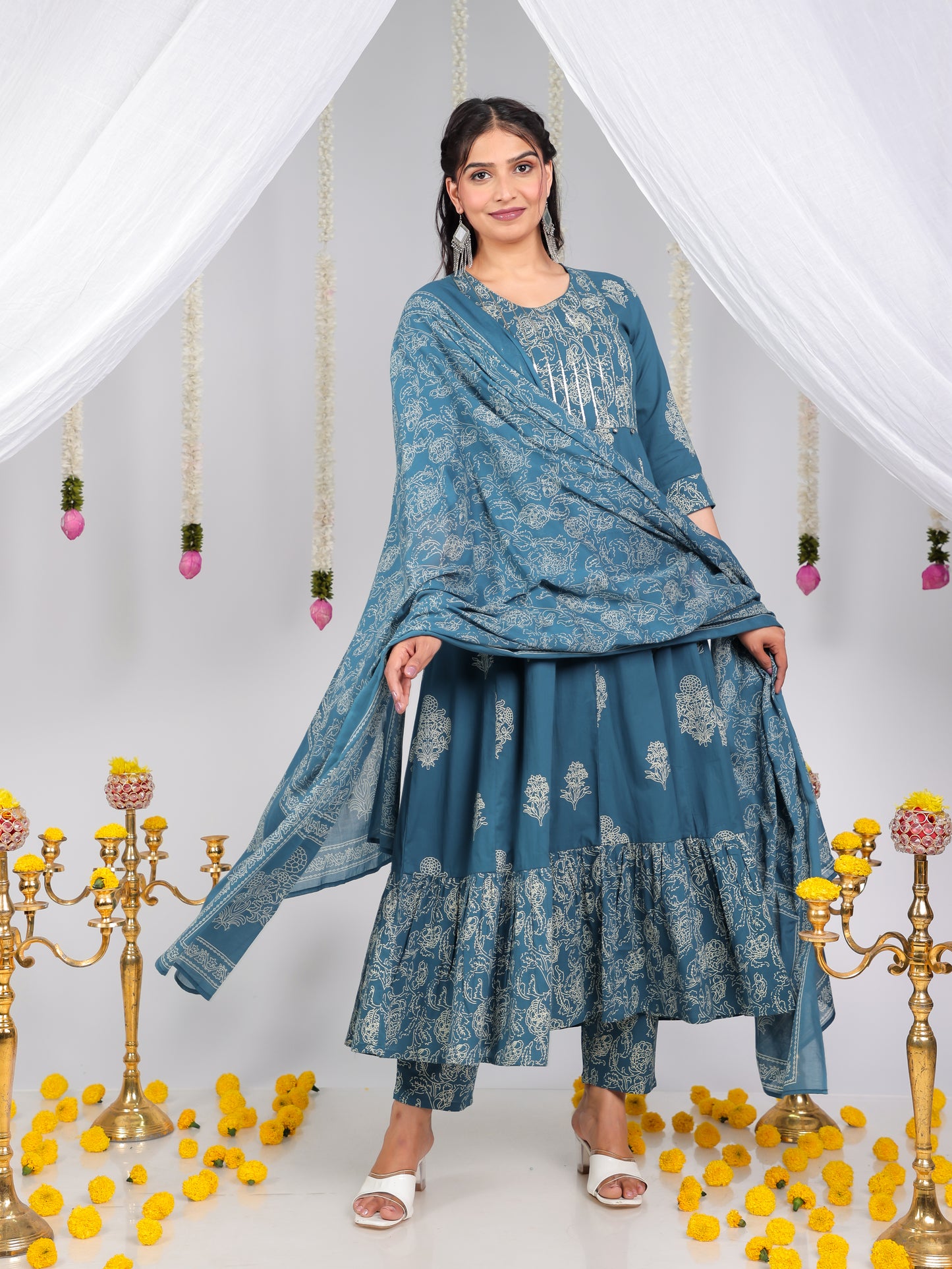 Cotton Voile Floral Blue Dupatta