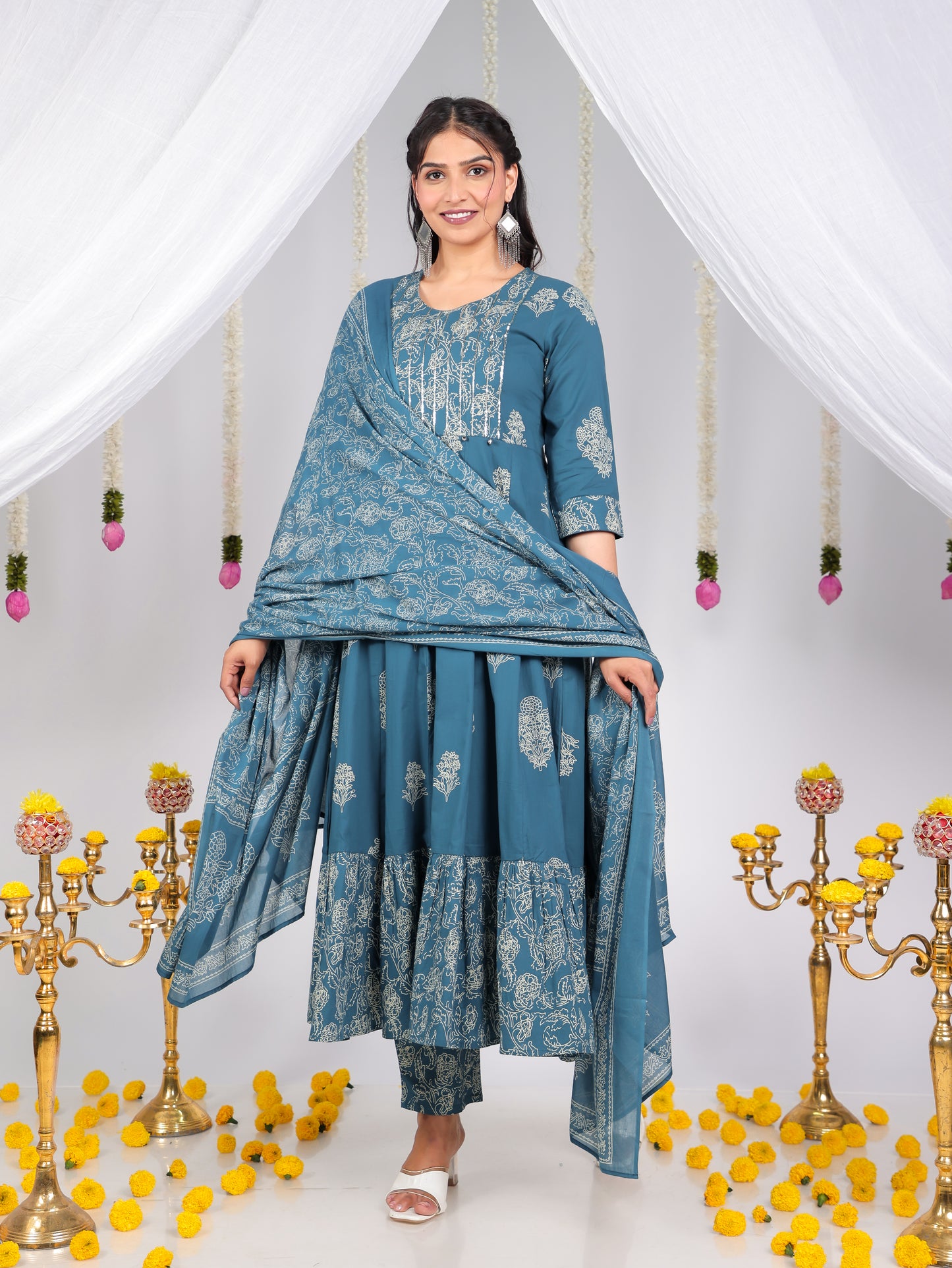 Embroidered Soft Cotton Floral Anarkali Blue Kurta