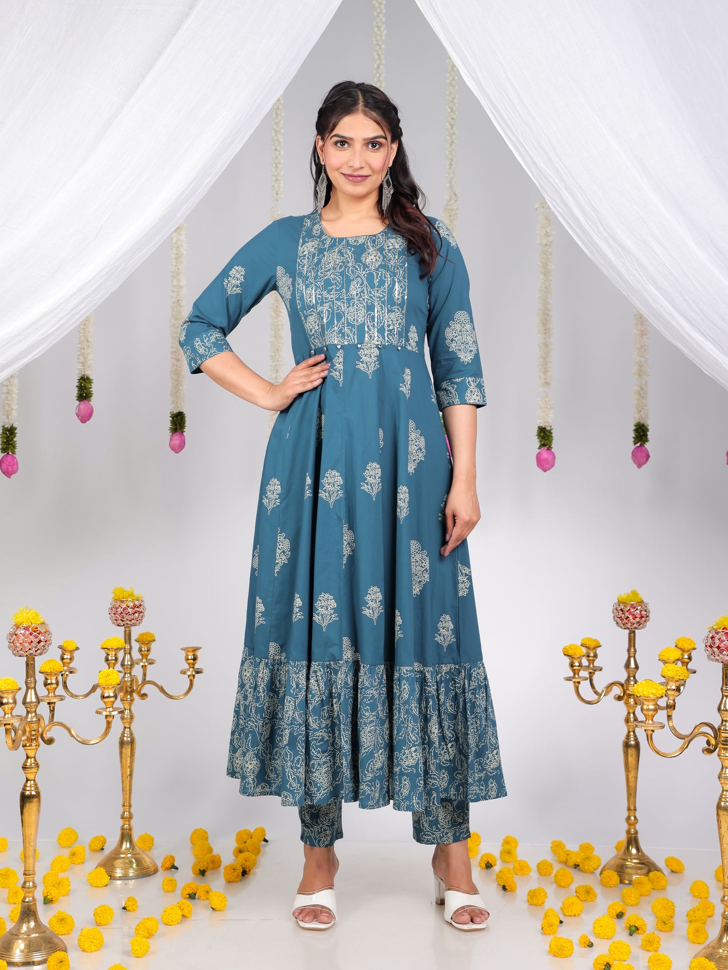 Embroidered Soft Cotton Floral Anarkali Blue Kurta