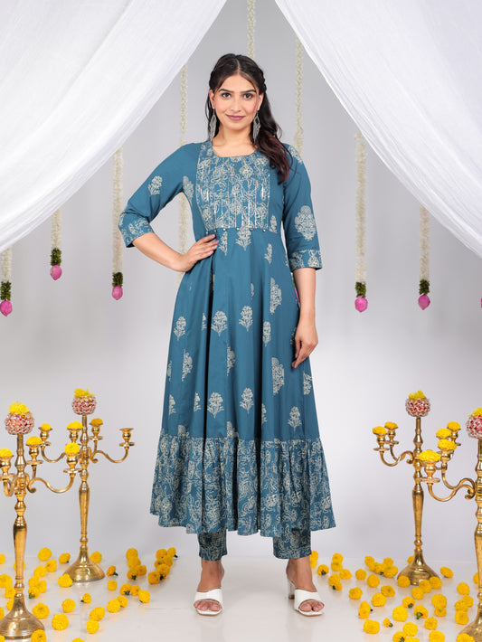 Embroidered Soft Cotton Floral Anarkali Blue Kurta