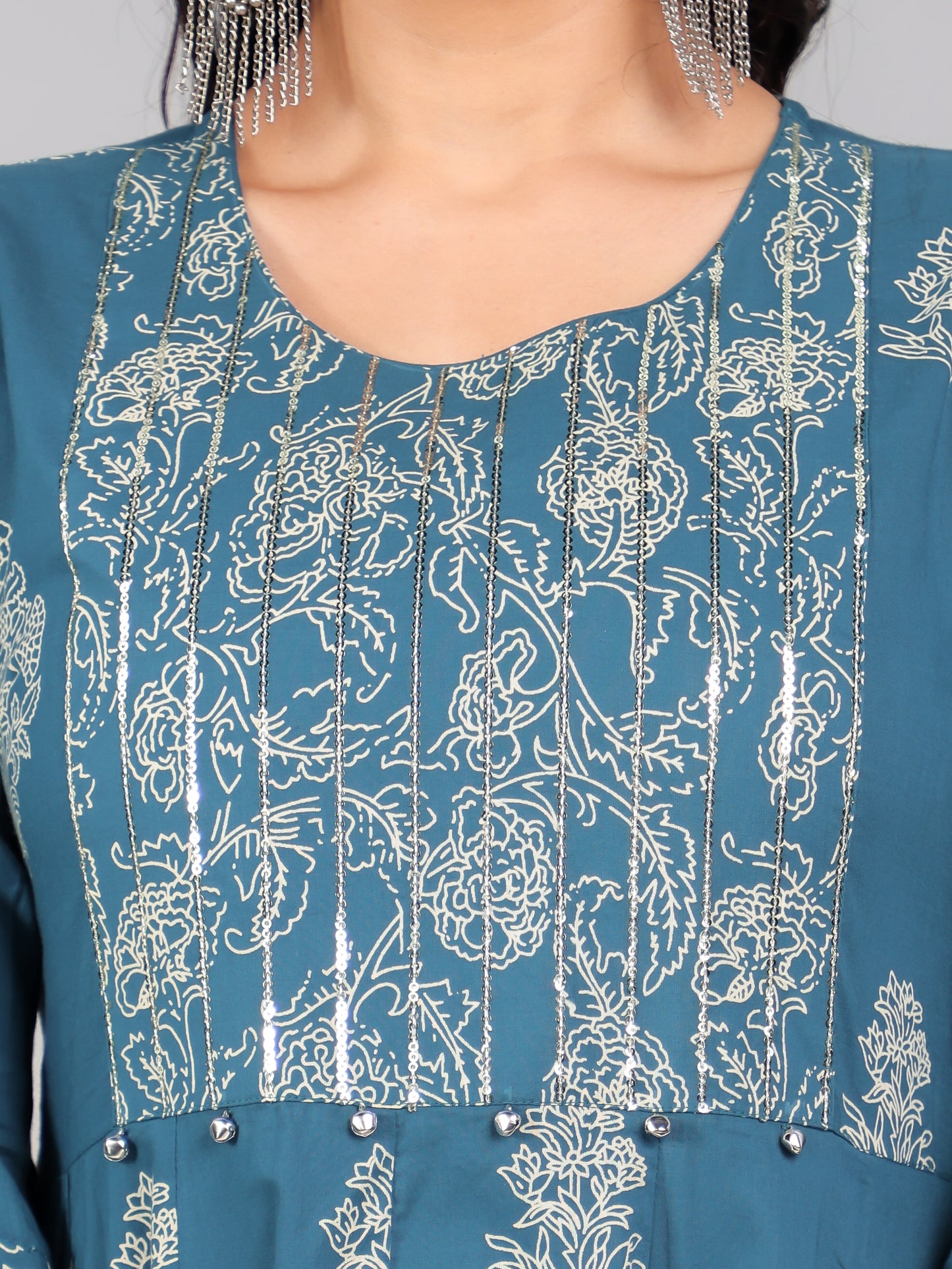 Embroidered Soft Cotton Floral Anarkali Blue Kurta