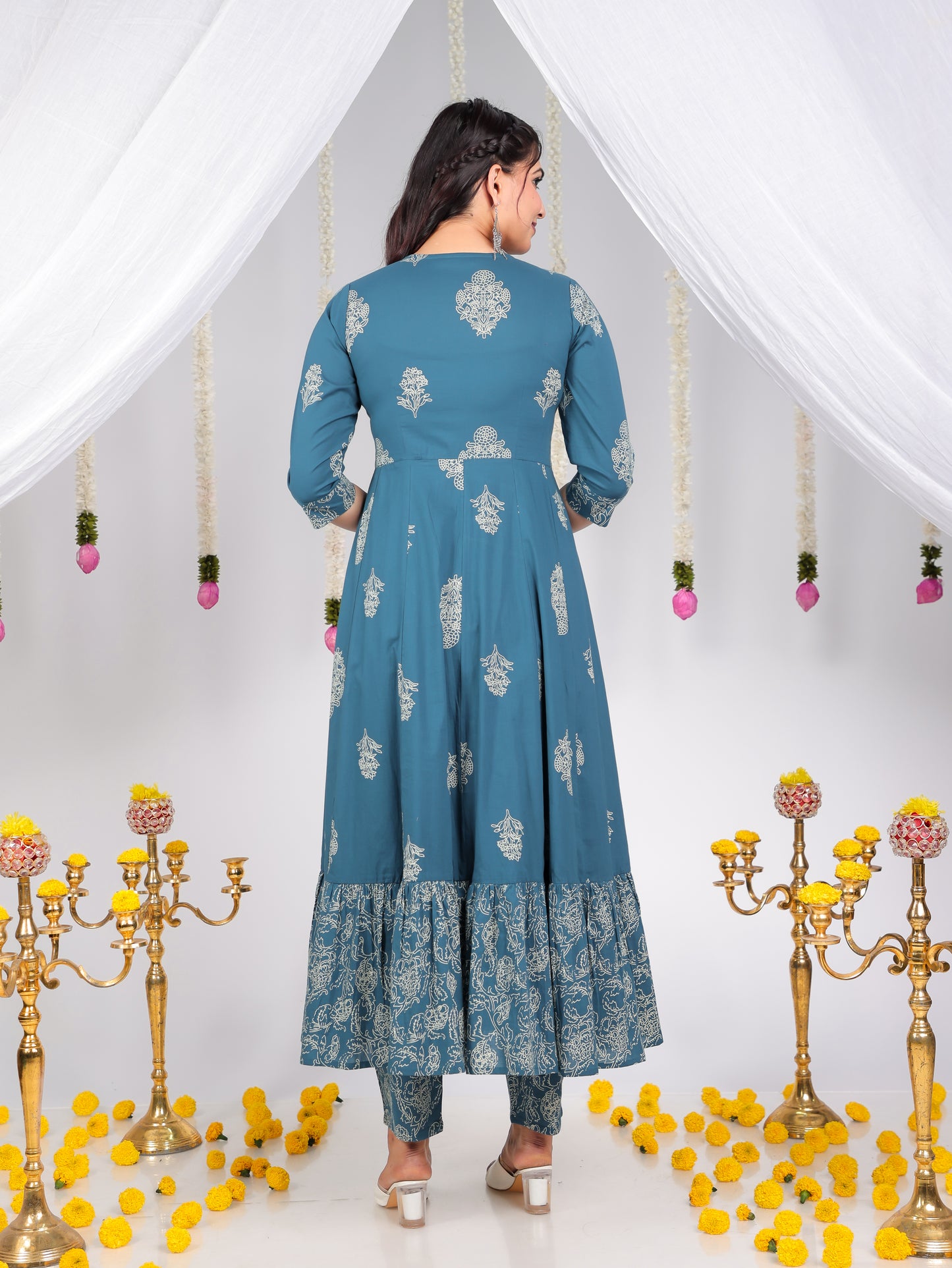 Embroidered Soft Cotton Floral Anarkali Blue Kurta