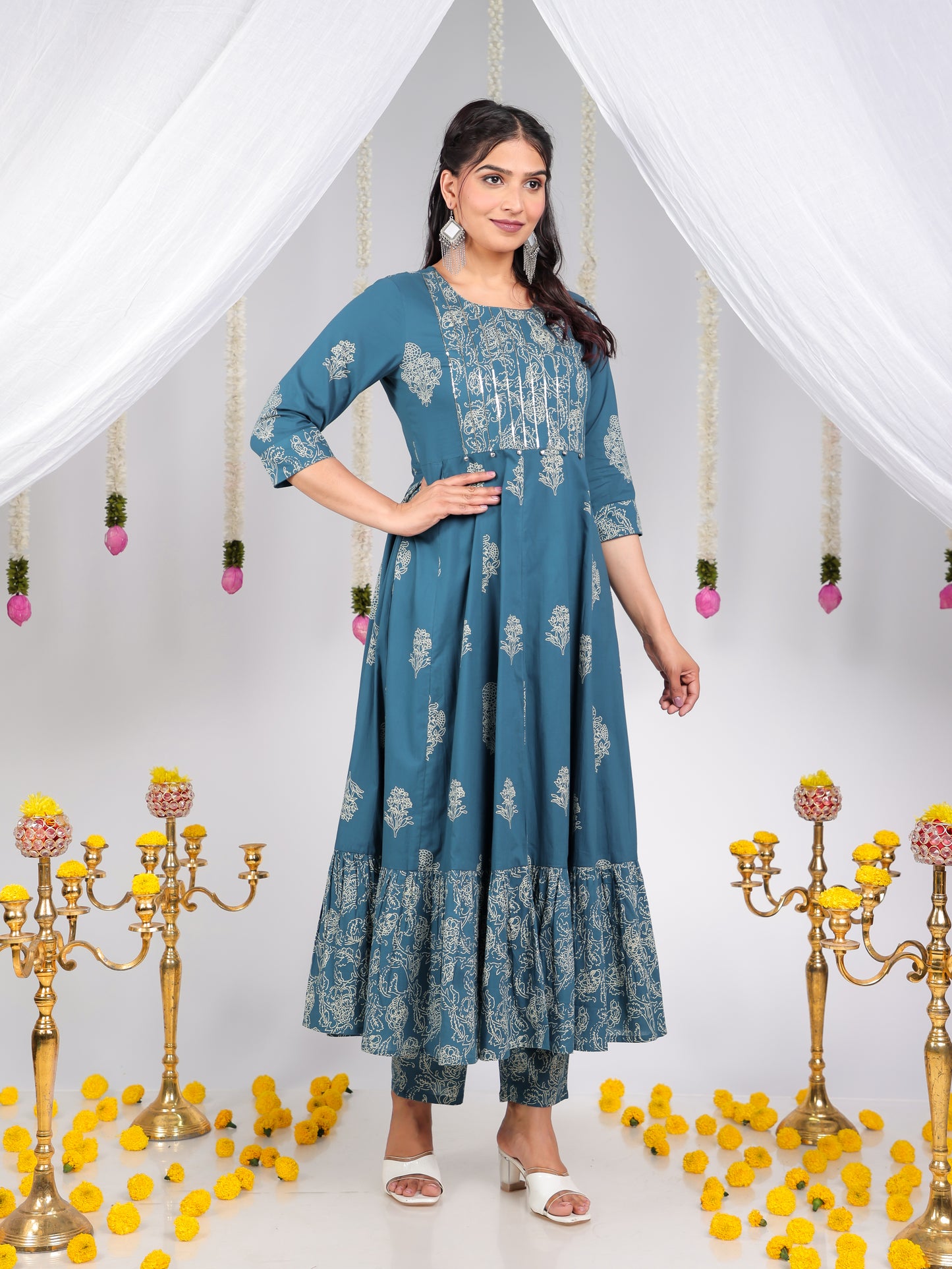 Embroidered Soft Cotton Floral Anarkali Blue Kurta