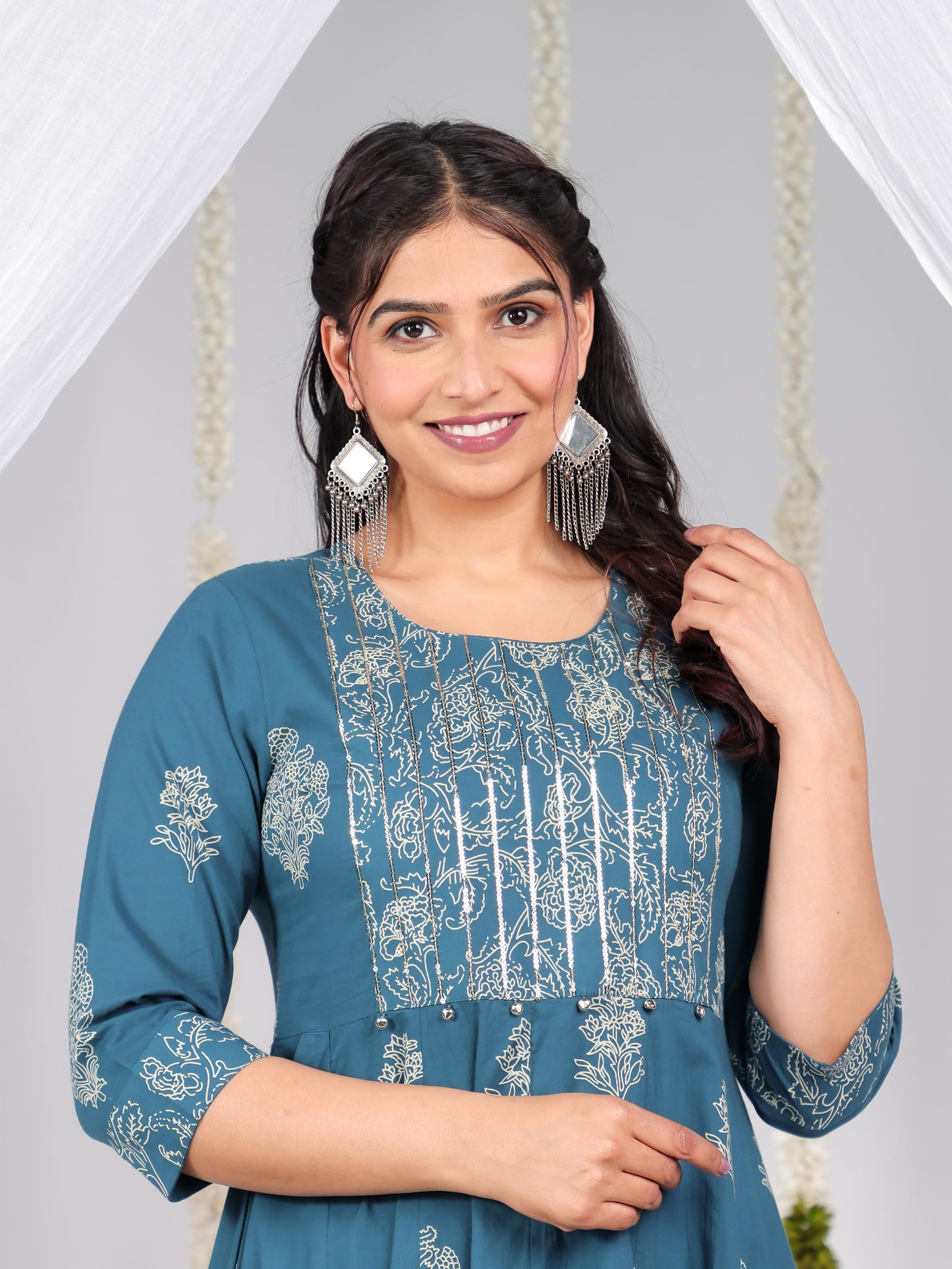 Embroidered Soft Cotton Floral Anarkali Blue Kurta