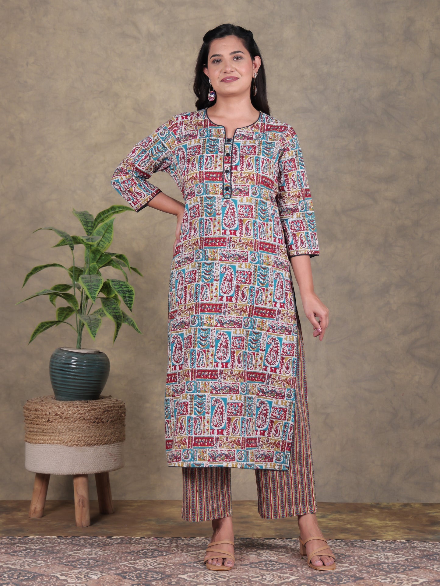 Soft Cotton Patchwork Straight Multicolor Kurta