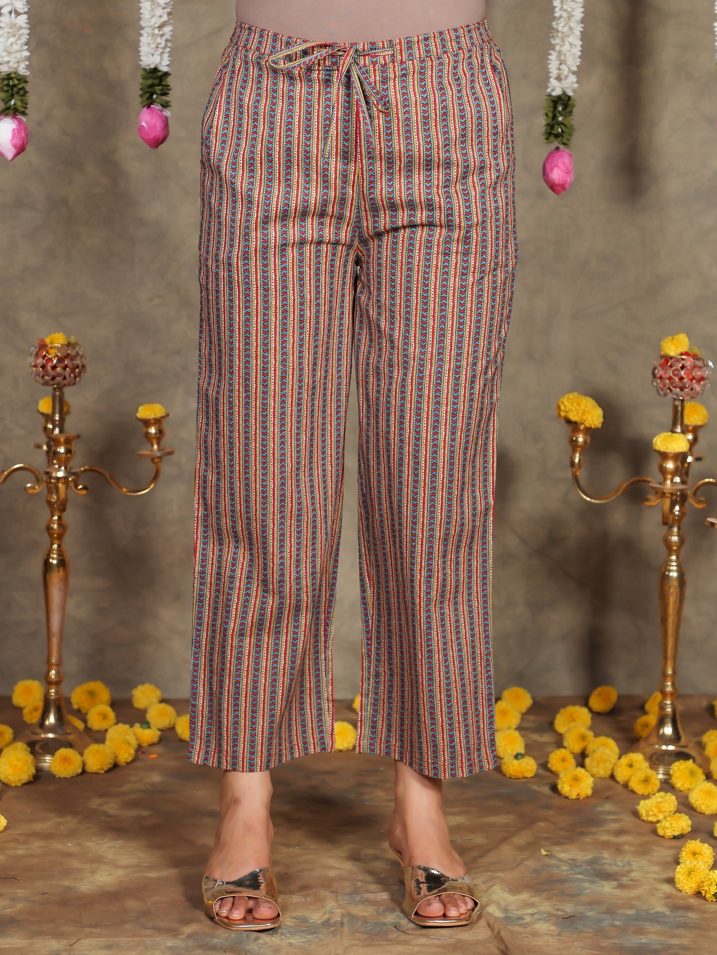 Soft Cotton Striped Red Straight Trousers