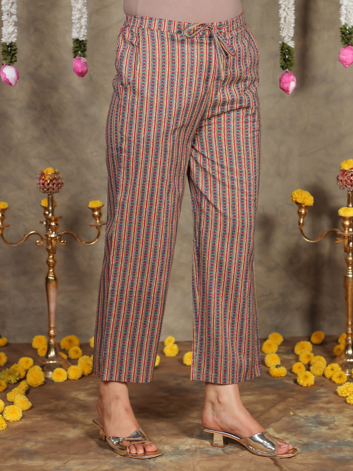 Soft Cotton Striped Red Straight Trousers