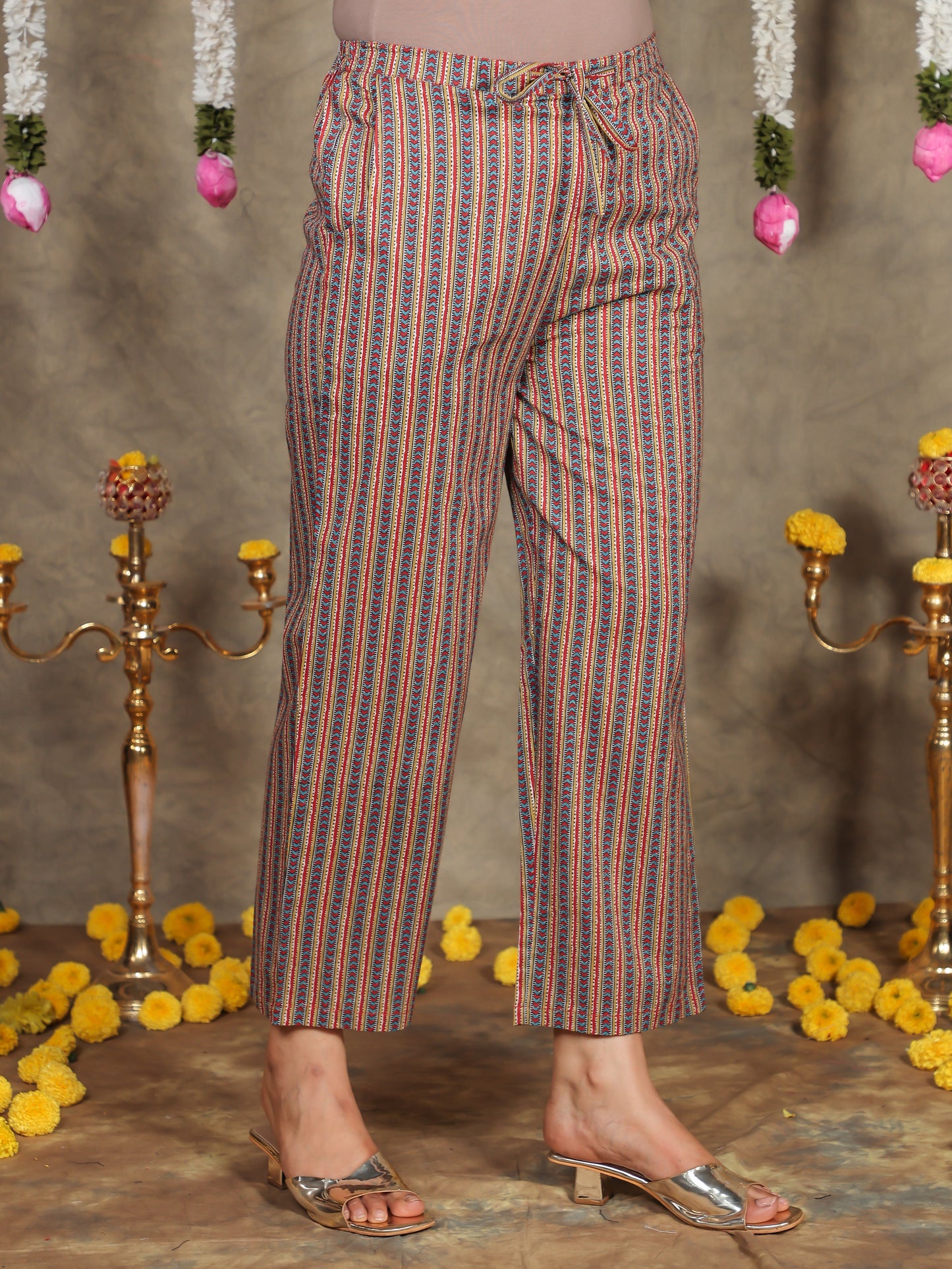 Soft Cotton Striped Red Straight Trousers
