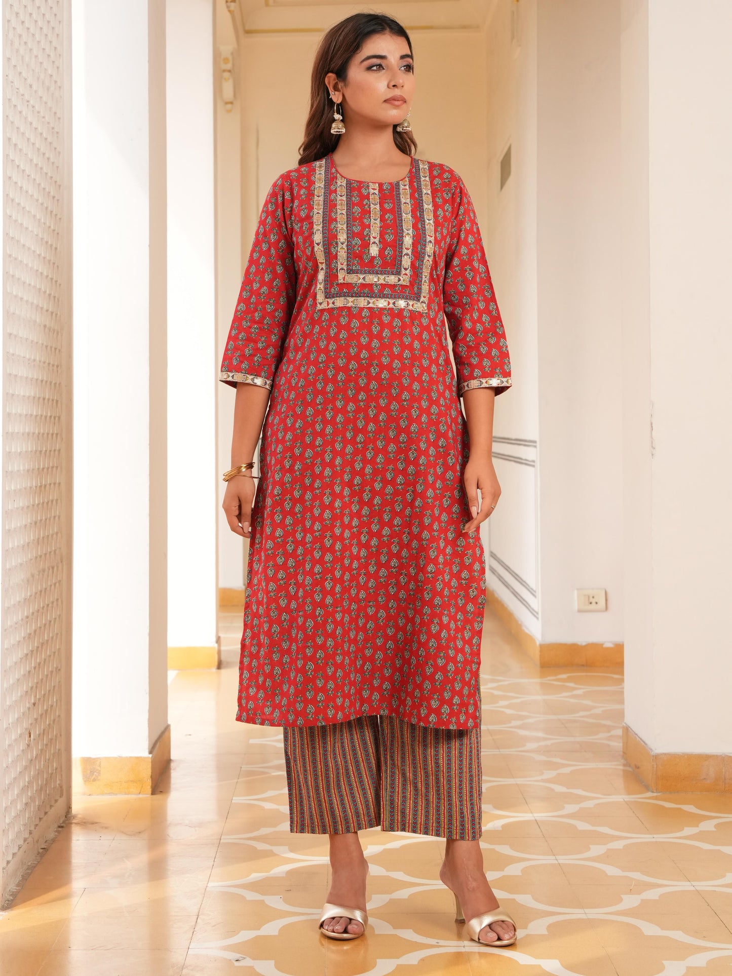 Embroidered Soft Cotton Floral Straight Red Kurta