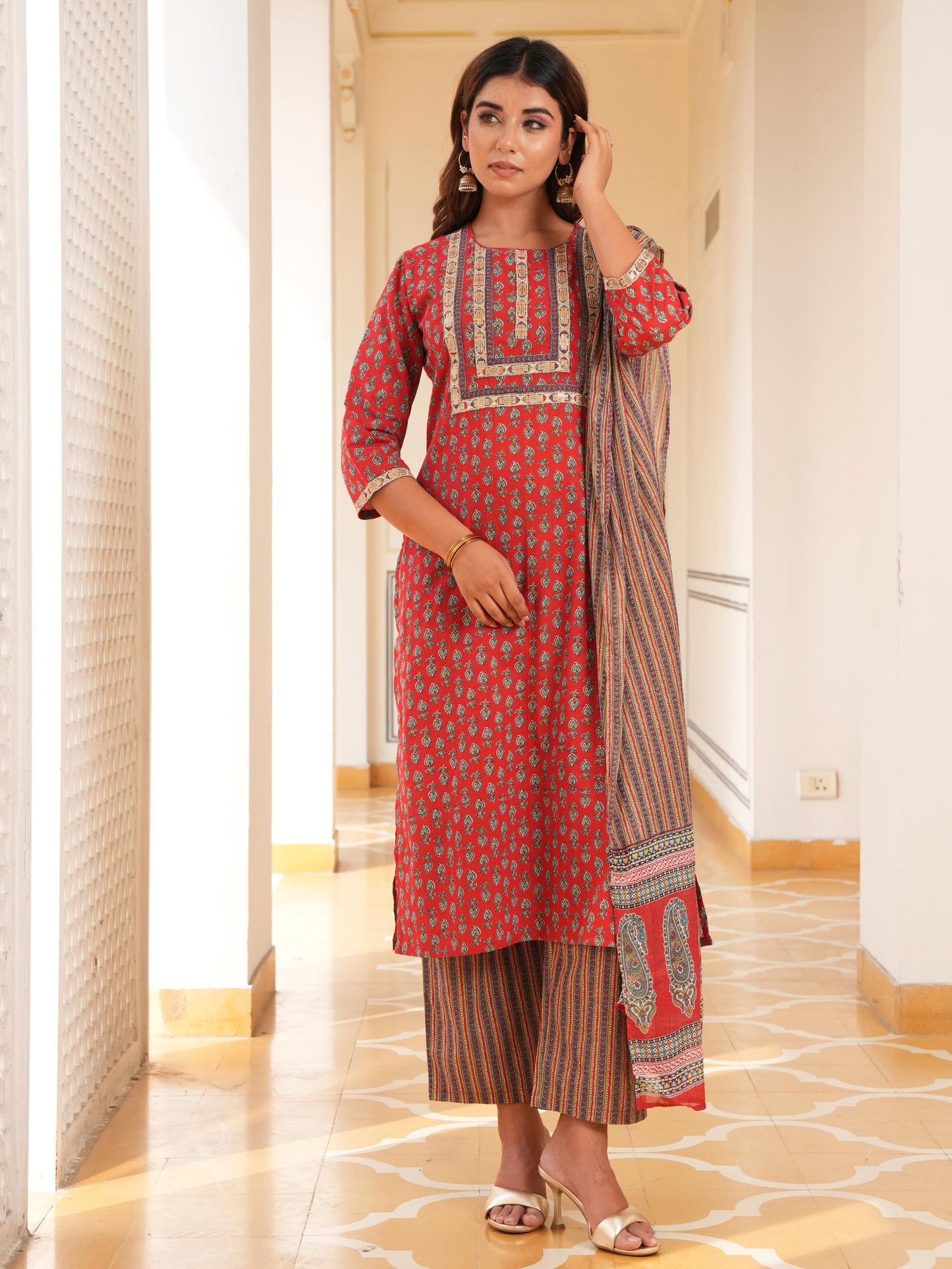 Embroidered Soft Cotton Floral Straight Red Kurta