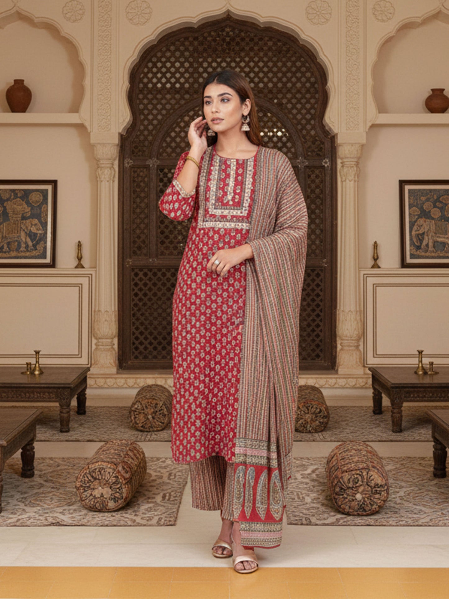 Embroidered Soft Cotton Floral Straight Red Kurta