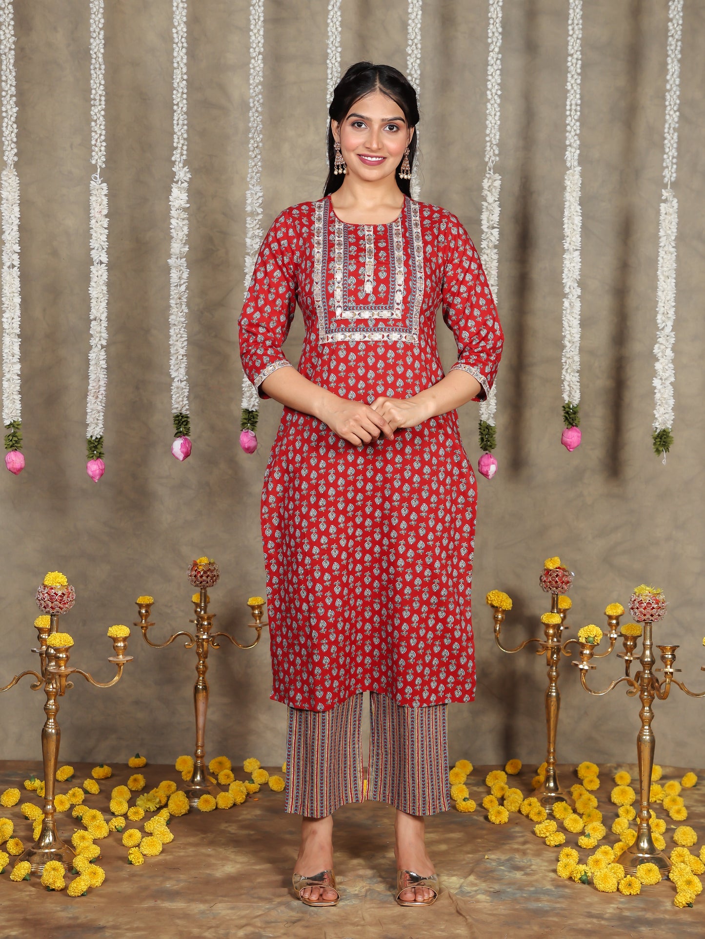 Embroidered Soft Cotton Floral Straight Red Kurta