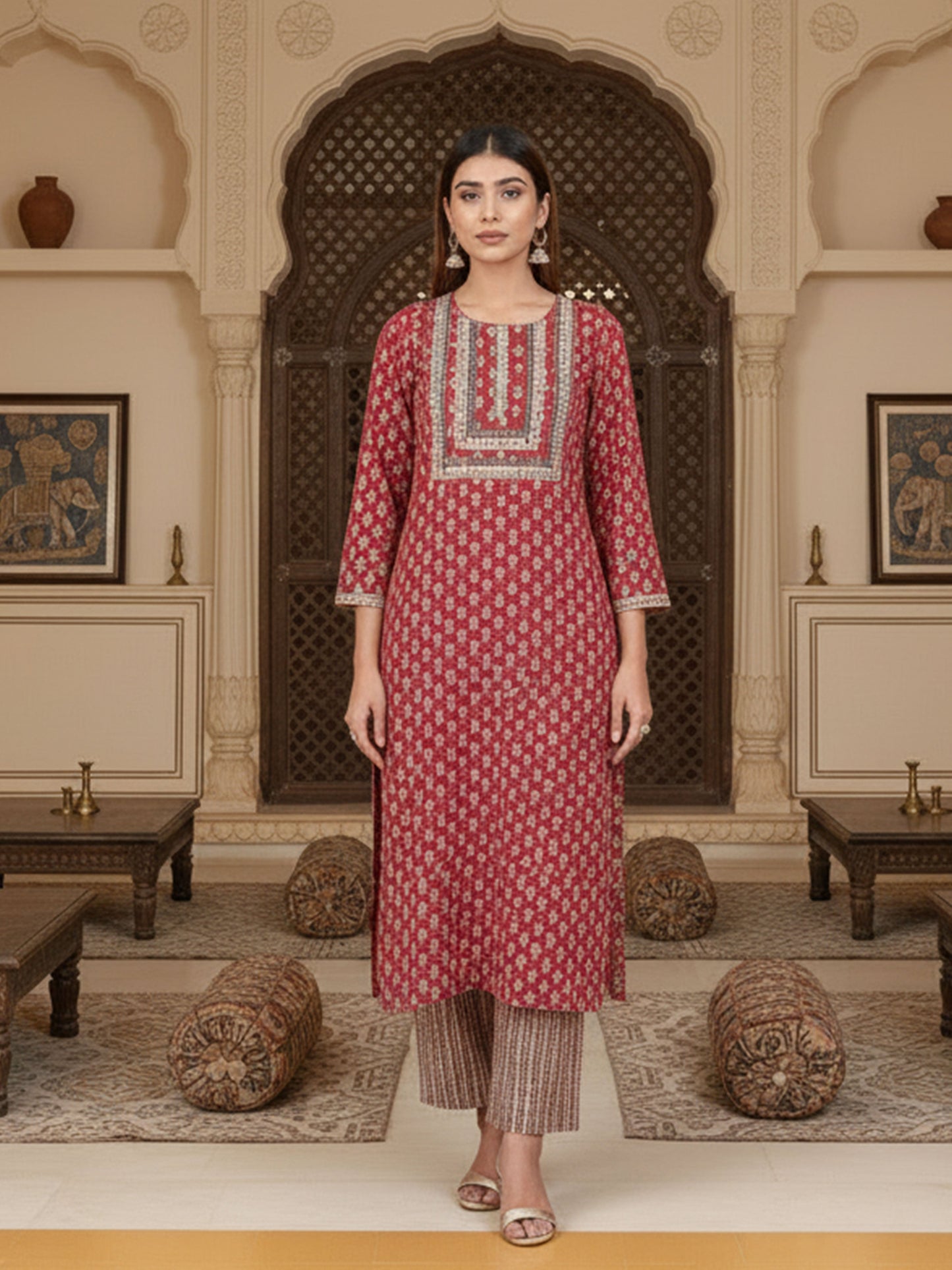 Embroidered Soft Cotton Floral Straight Red Kurta