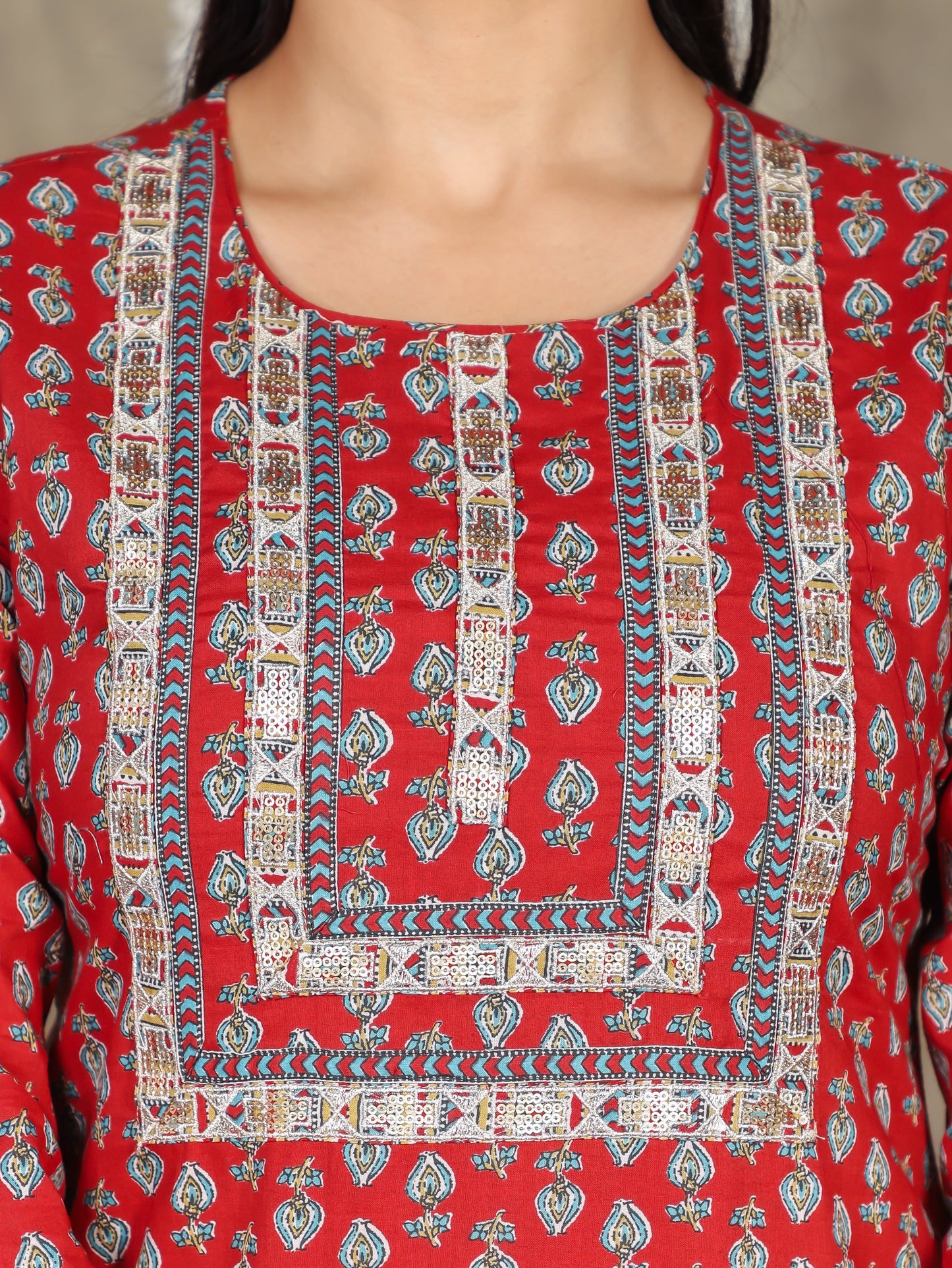 Embroidered Soft Cotton Floral Straight Red Kurta
