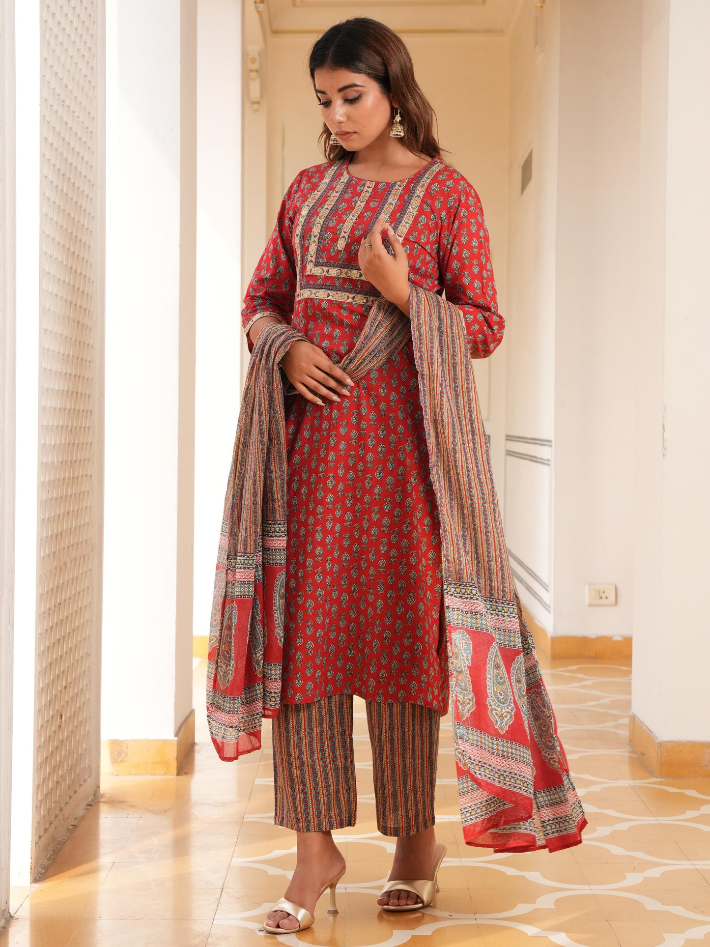Embroidered Soft Cotton Floral Straight Red Kurta
