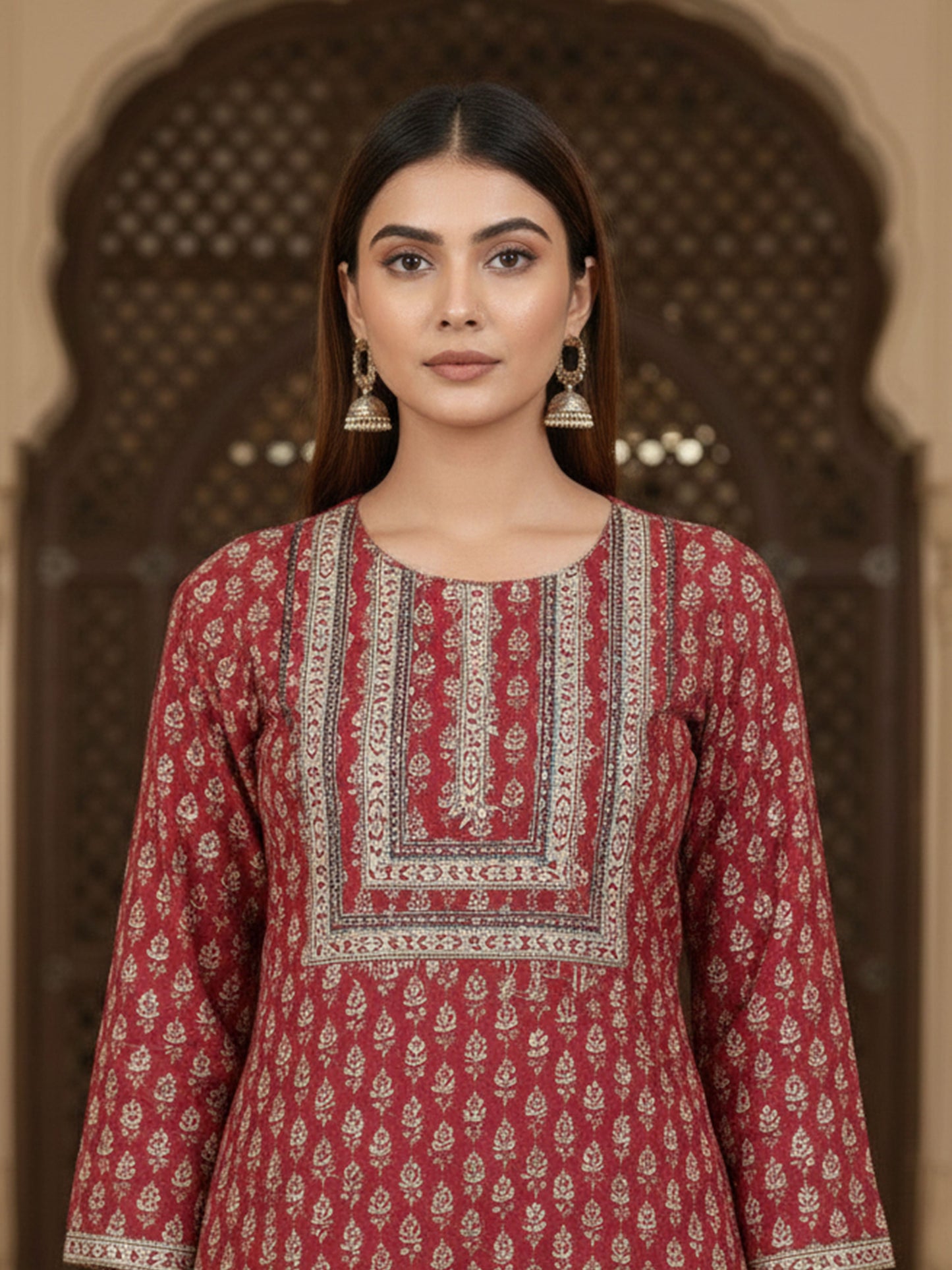 Embroidered Soft Cotton Floral Straight Red Kurta