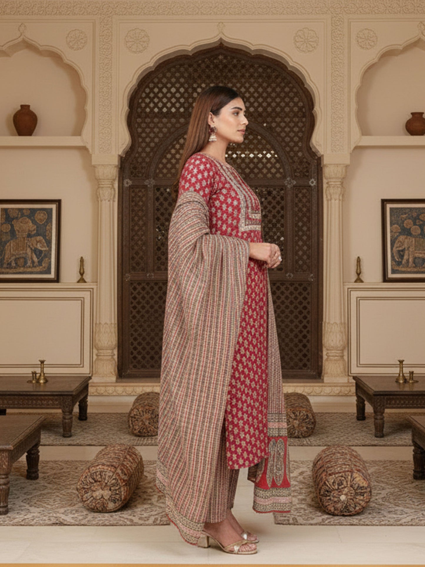 Embroidered Soft Cotton Floral Straight Red Kurta