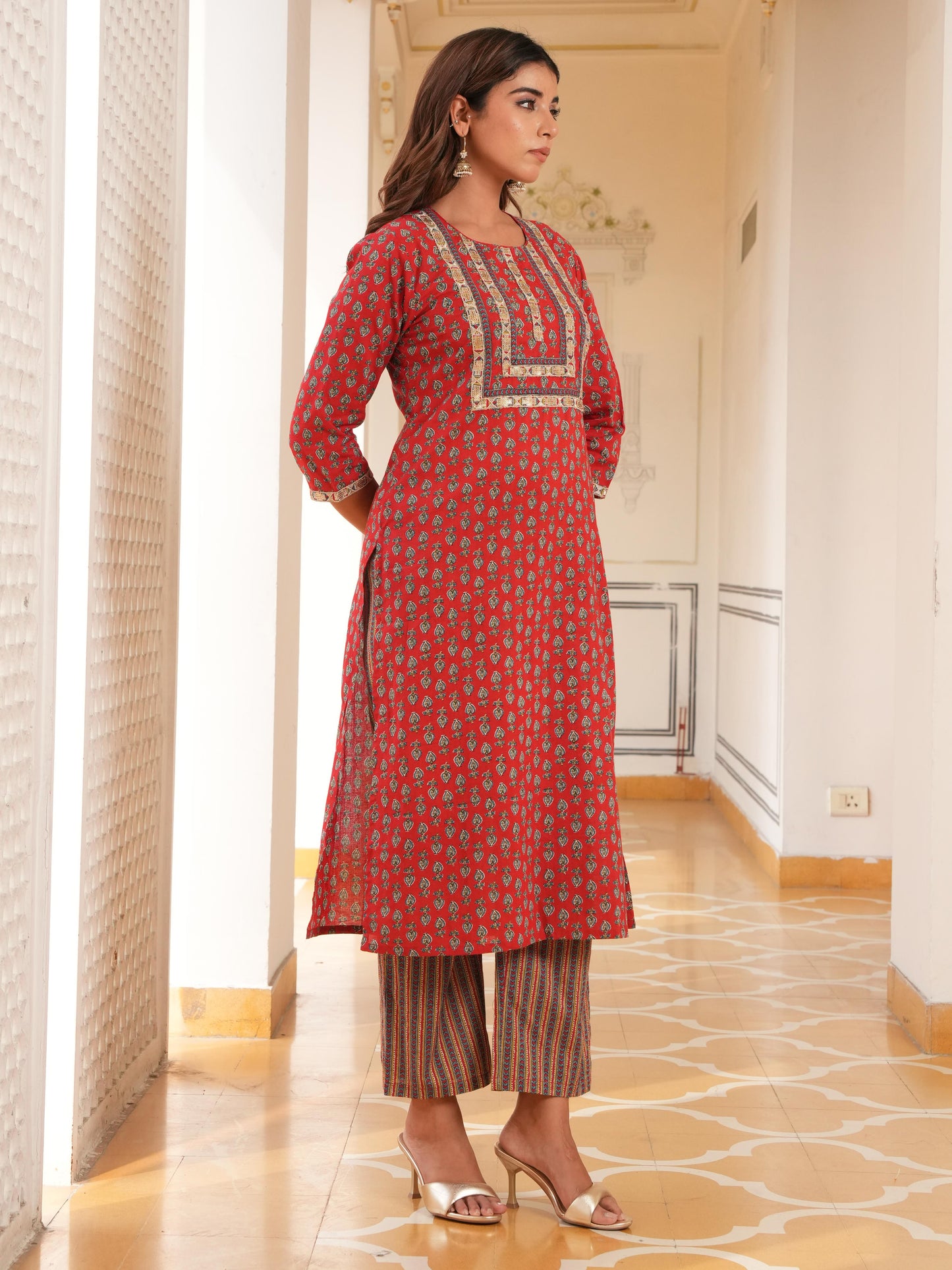Embroidered Soft Cotton Floral Straight Red Kurta
