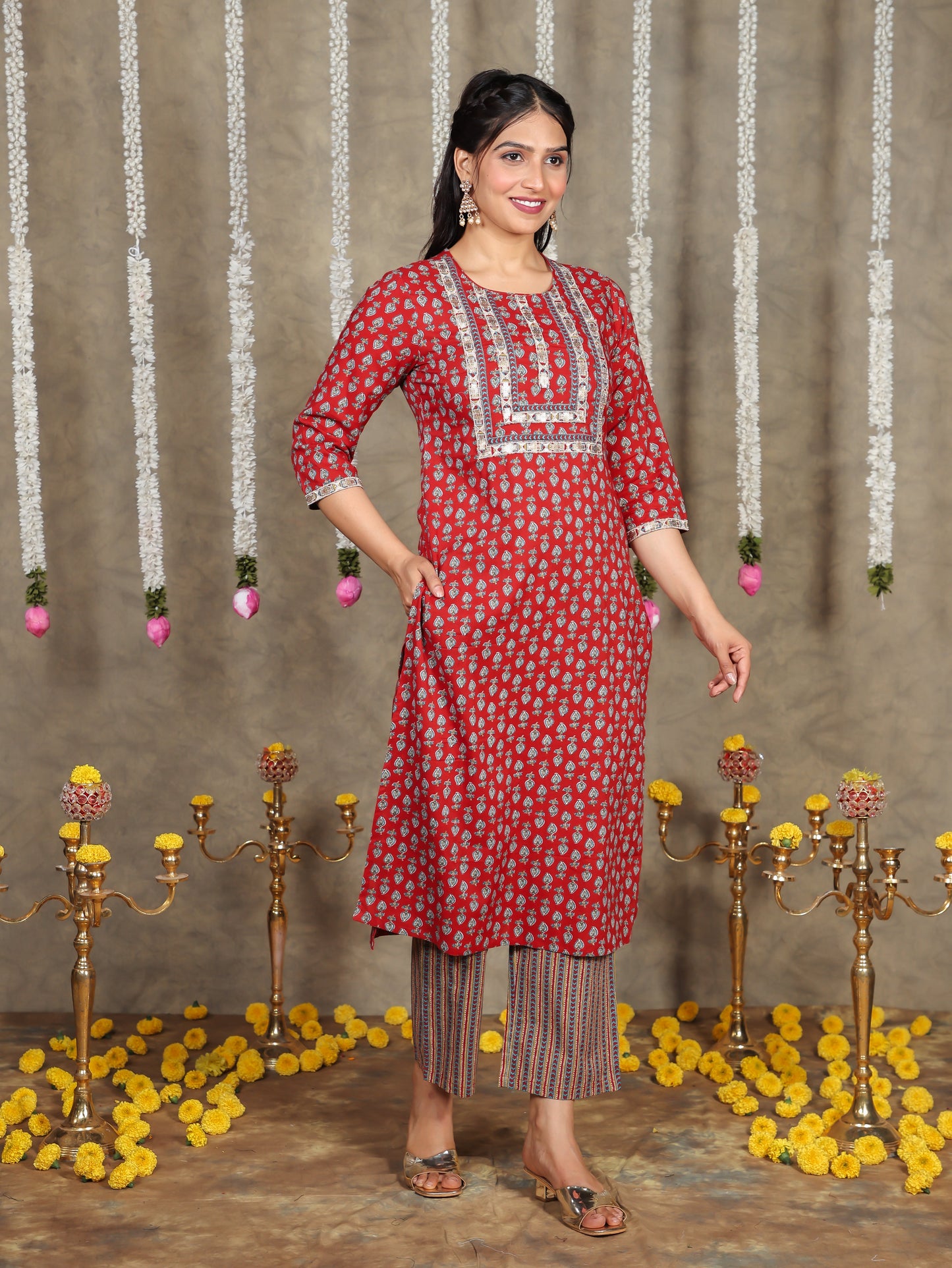 Embroidered Soft Cotton Floral Straight Red Kurta